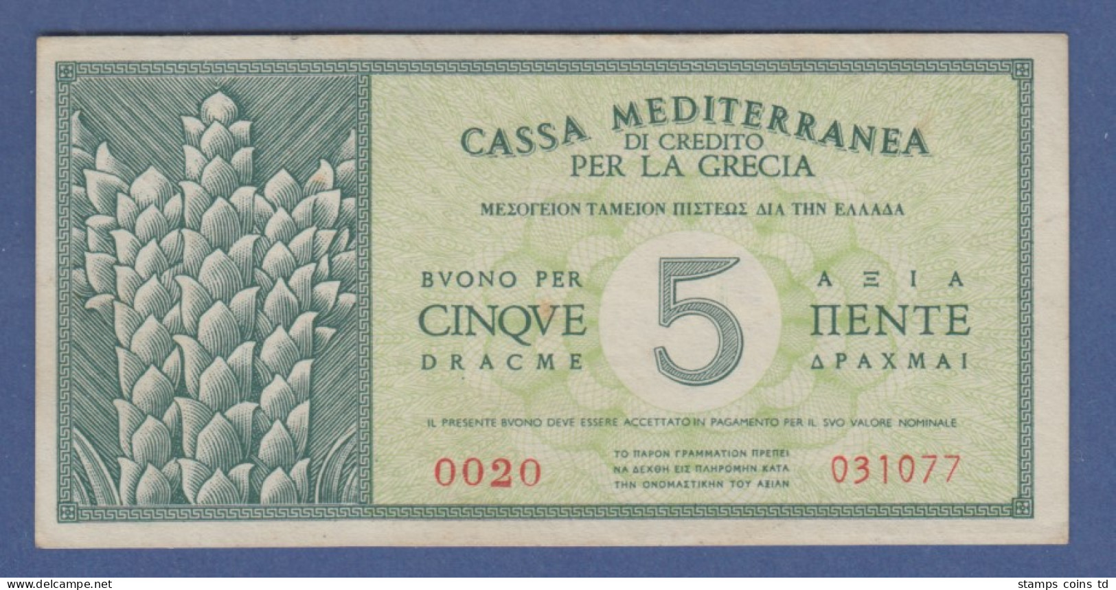 Banknote Italien 1941 Cassa Mediterranea Di Credito Per La Grecia Zu 5 Dracme - Altri & Non Classificati