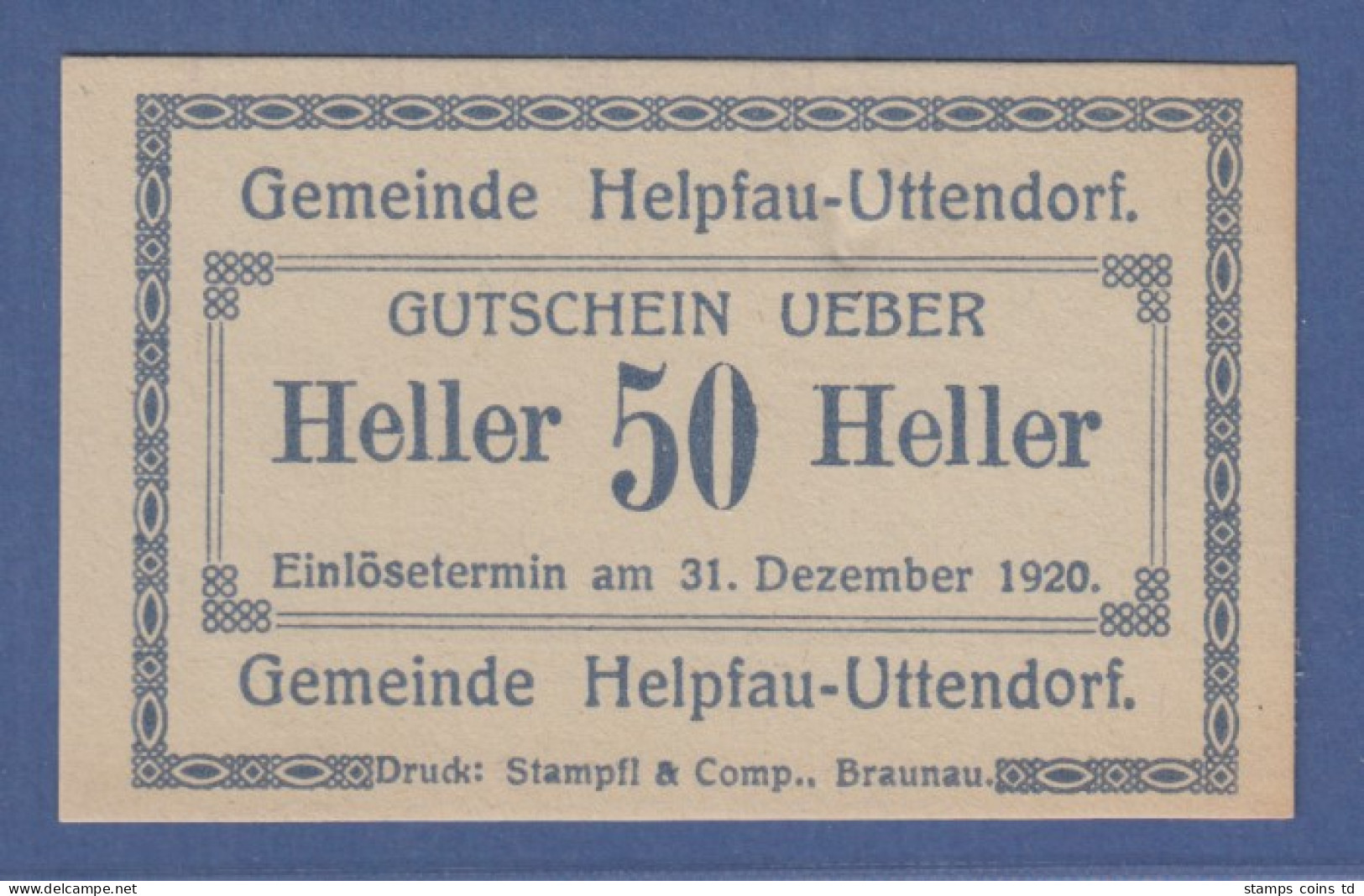 Banknote Österreich Gutschein über 50 Heller Gemeinde Helpfau-Uttendorf, 1920 - Austria