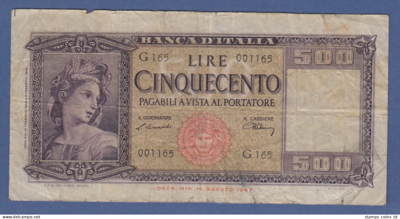 Banknote Italien 500 Lire 1947 Gebr. Erhaltung III - Altri & Non Classificati