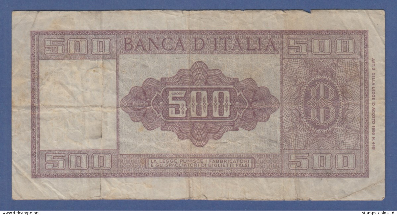 Banknote Italien 500 Lire 1947 Gebr. Erhaltung III - Otros & Sin Clasificación