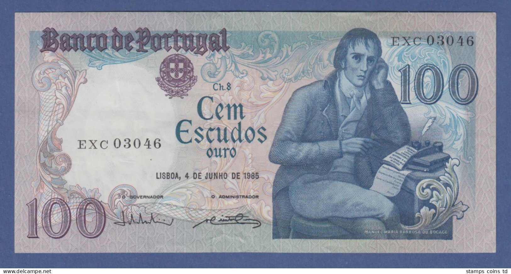 Banknote Portugal 100 Escudos Manuel Maria Barbosa Du Bocace, 1985 - Portugal