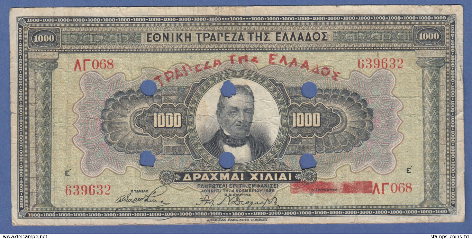 Banknote Griechenland 1000 Drachmen 1926, 6-fach Gelocht  - Griechenland