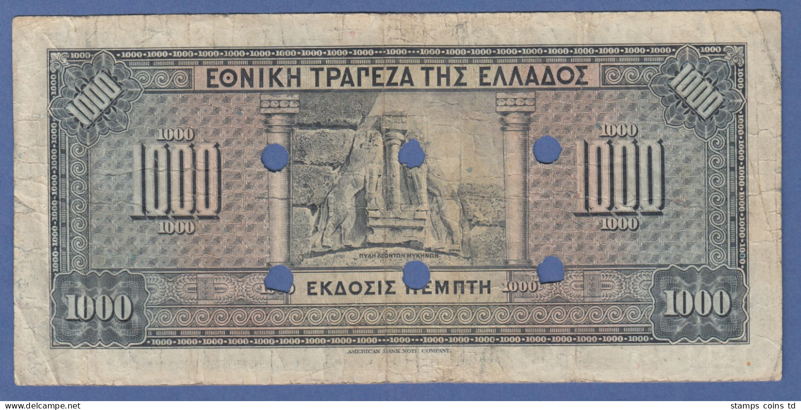 Banknote Griechenland 1000 Drachmen 1926, 6-fach Gelocht  - Grecia
