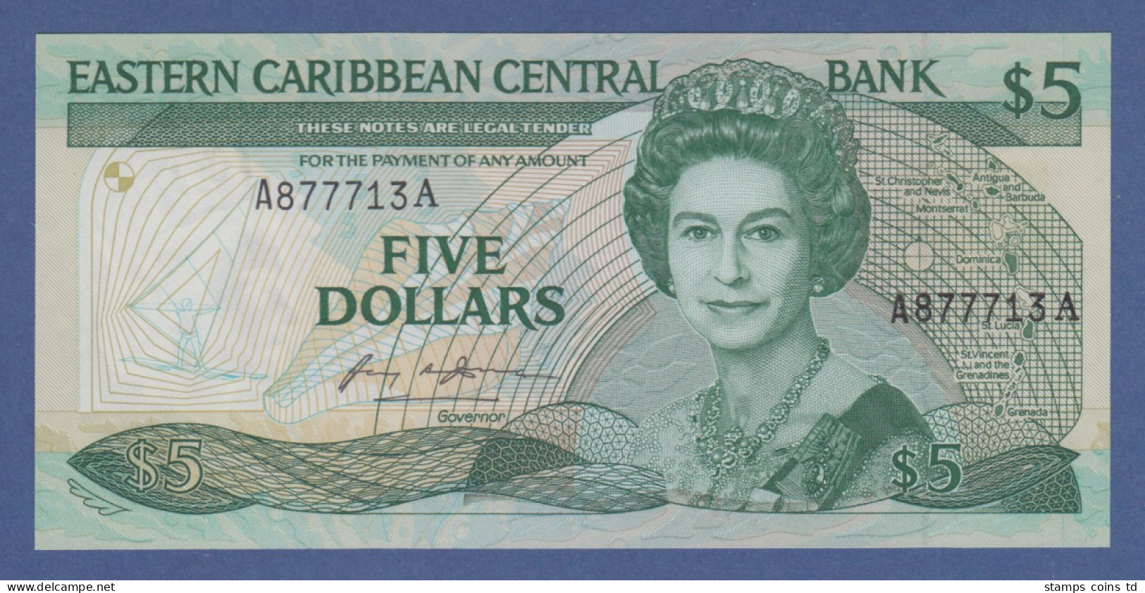 Banknote East Carribean Central Bank 5 Dollar # A877713A Kfr.  - Otros – América