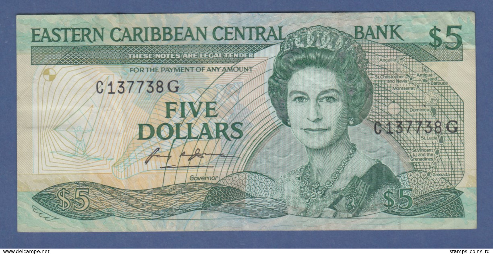 Banknote East Carribean Central Bank 5 Dollar # C137738G Gebr. - Andere - Amerika