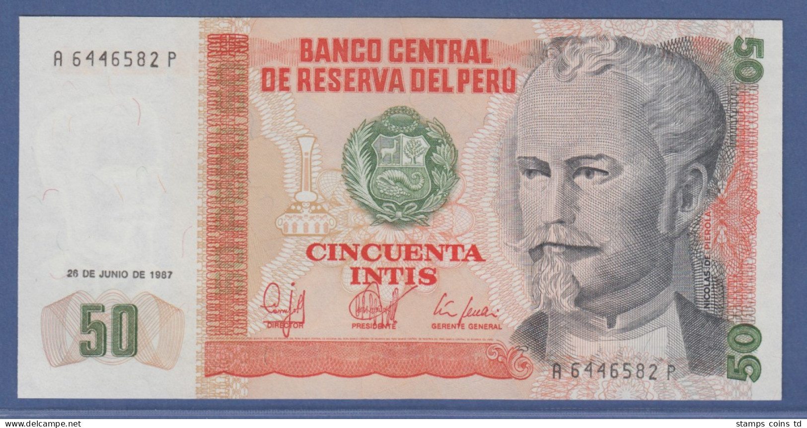 Banknote Peru 50 Intis Nicolas De Pierola 1987 - Other - America