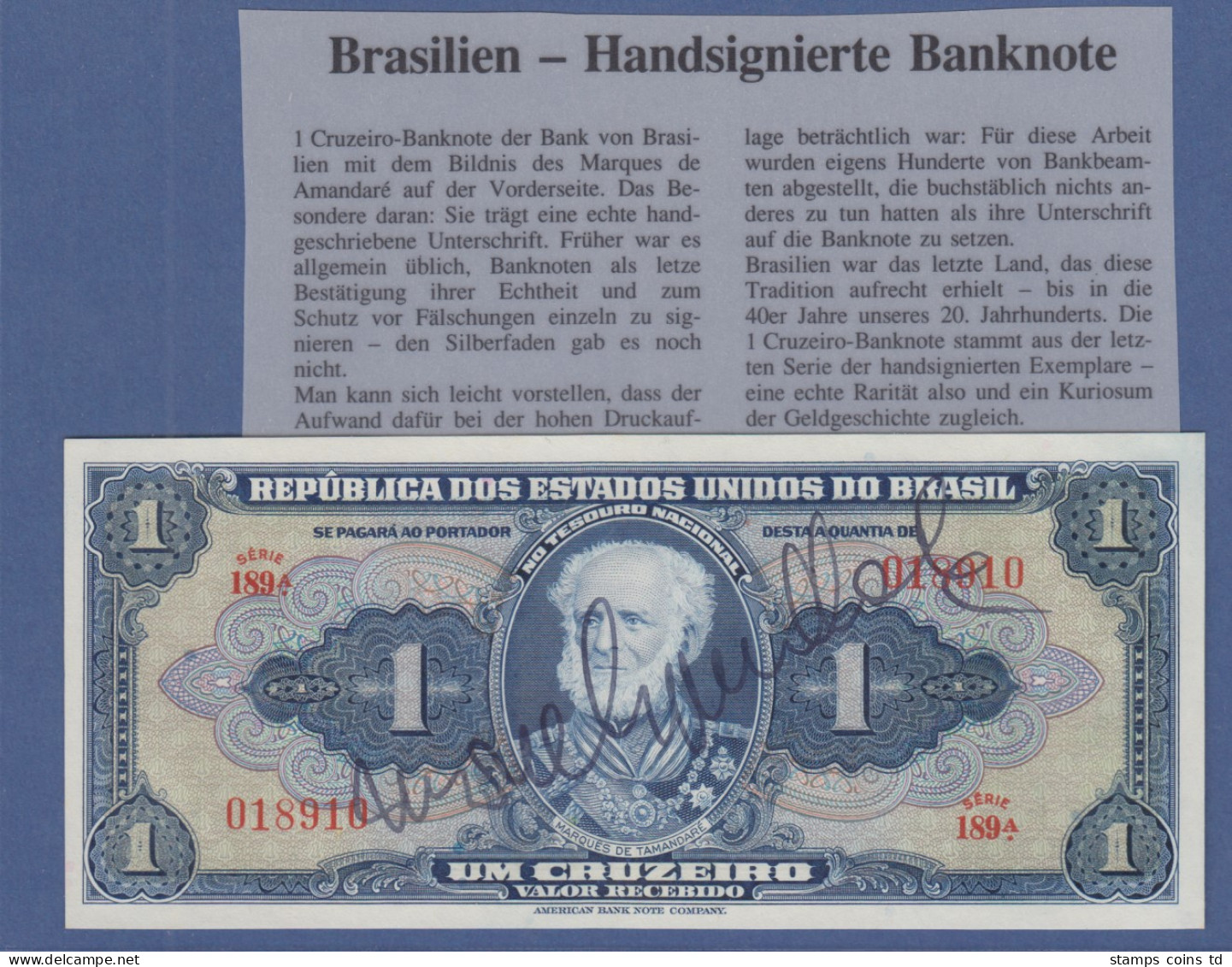 Banknote Brasilien 1 Cruzeiro Marques De Tamadaré Mit Unterschrift !  - Autres - Amérique