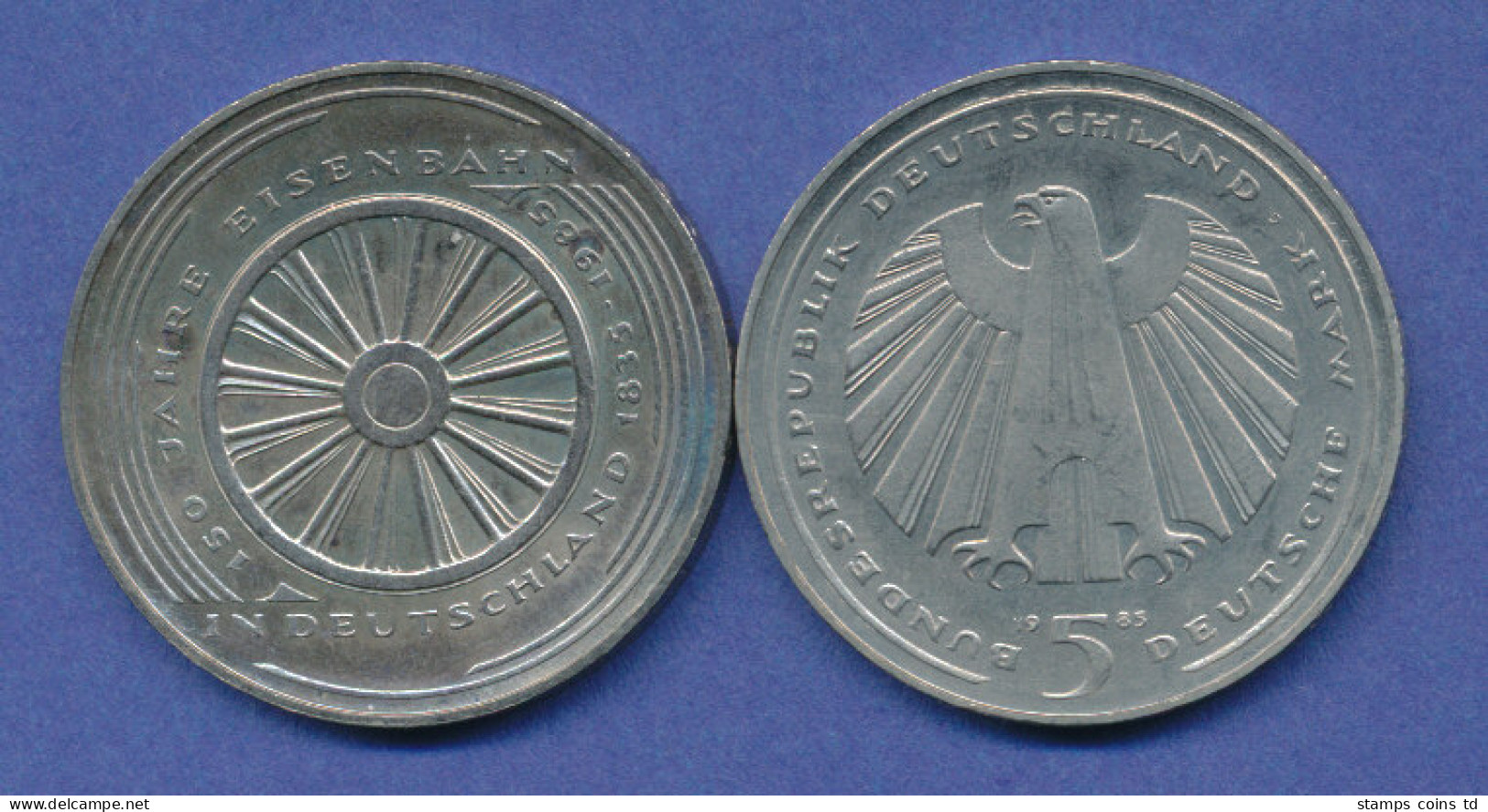 Bundesrepublik 5DM Gedenkmünze 1985, 150 Jahre Deutsche Eisenbahnen - 5 Mark