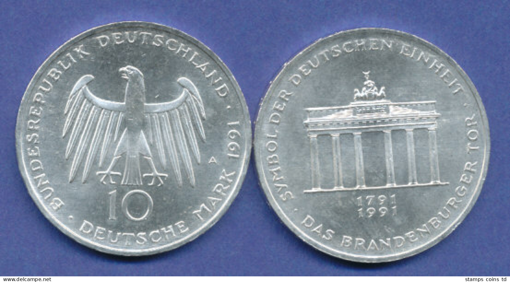 Bundesrepublik 10DM Silber-Gedenkmünze 1991, 200 Jahre Brandenburger Tor - 10 Marcos