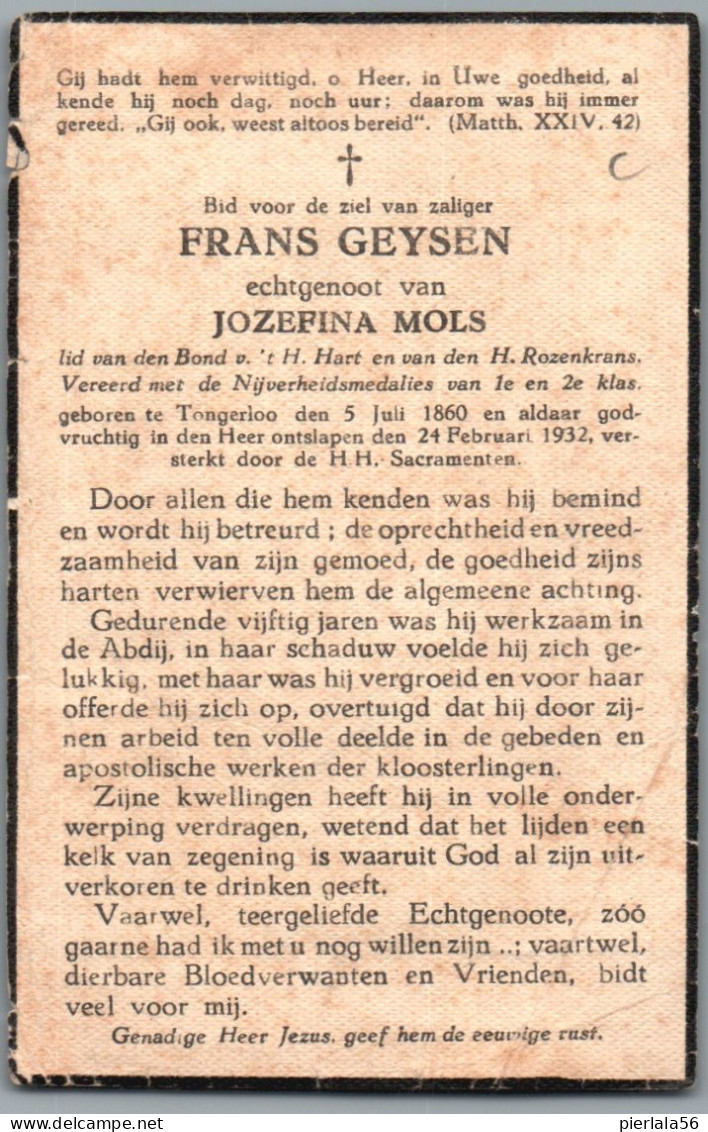 Bidprentje Tongerlo - Geysen Frans (1860-1932) - Images Religieuses