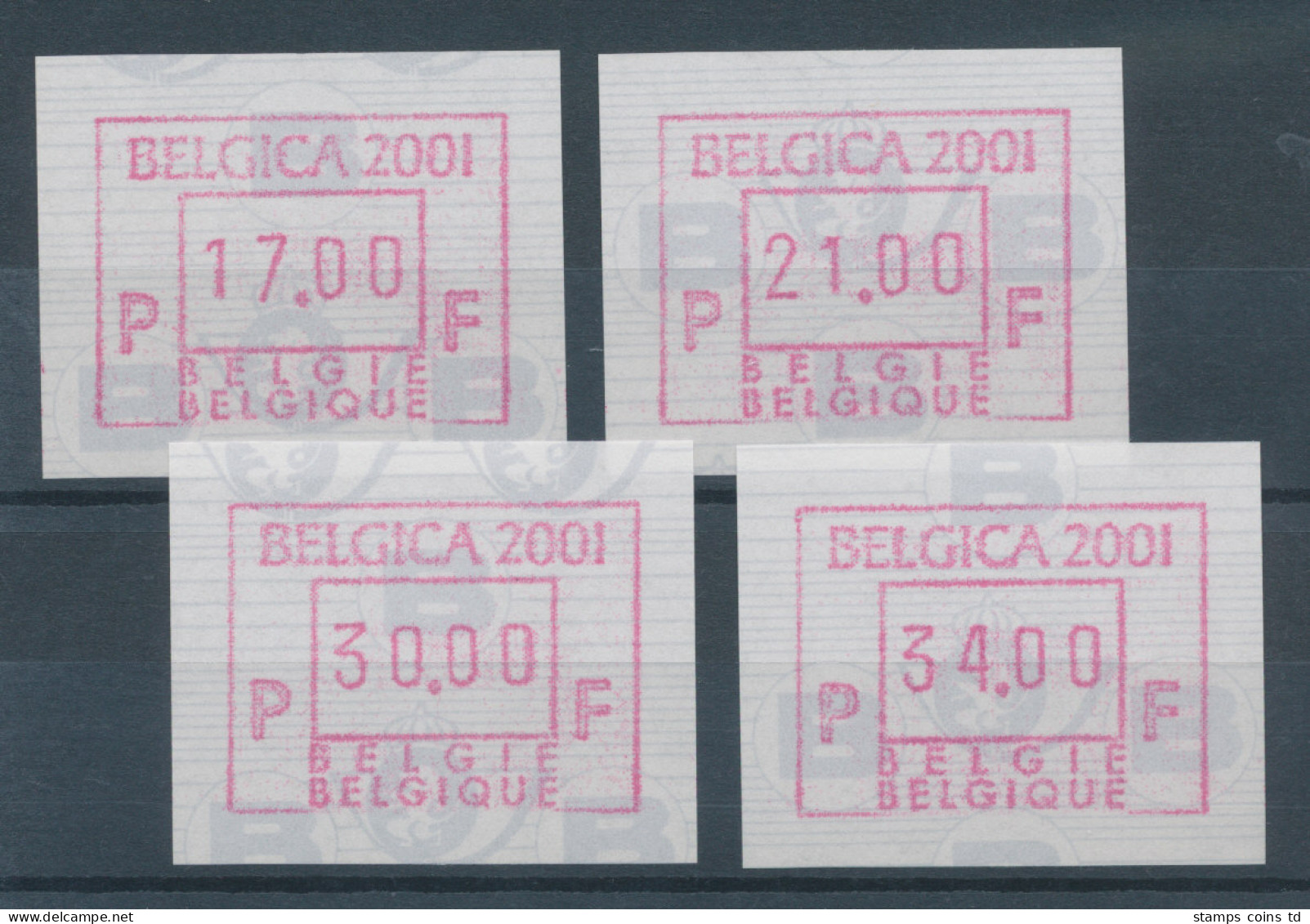Belgien FRAMA Sonder-ATM BELGICA 2001, Satz 17-21-30-34 BFr. ** - Andere & Zonder Classificatie