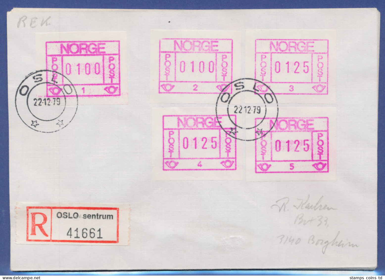 Norwegen Frama-ATM 1978, R-Brief Mit 5 ATM Aller Aut.-Nr. 1-5, O Oslo-Zentrum  - Viñetas De Franqueo [ATM]