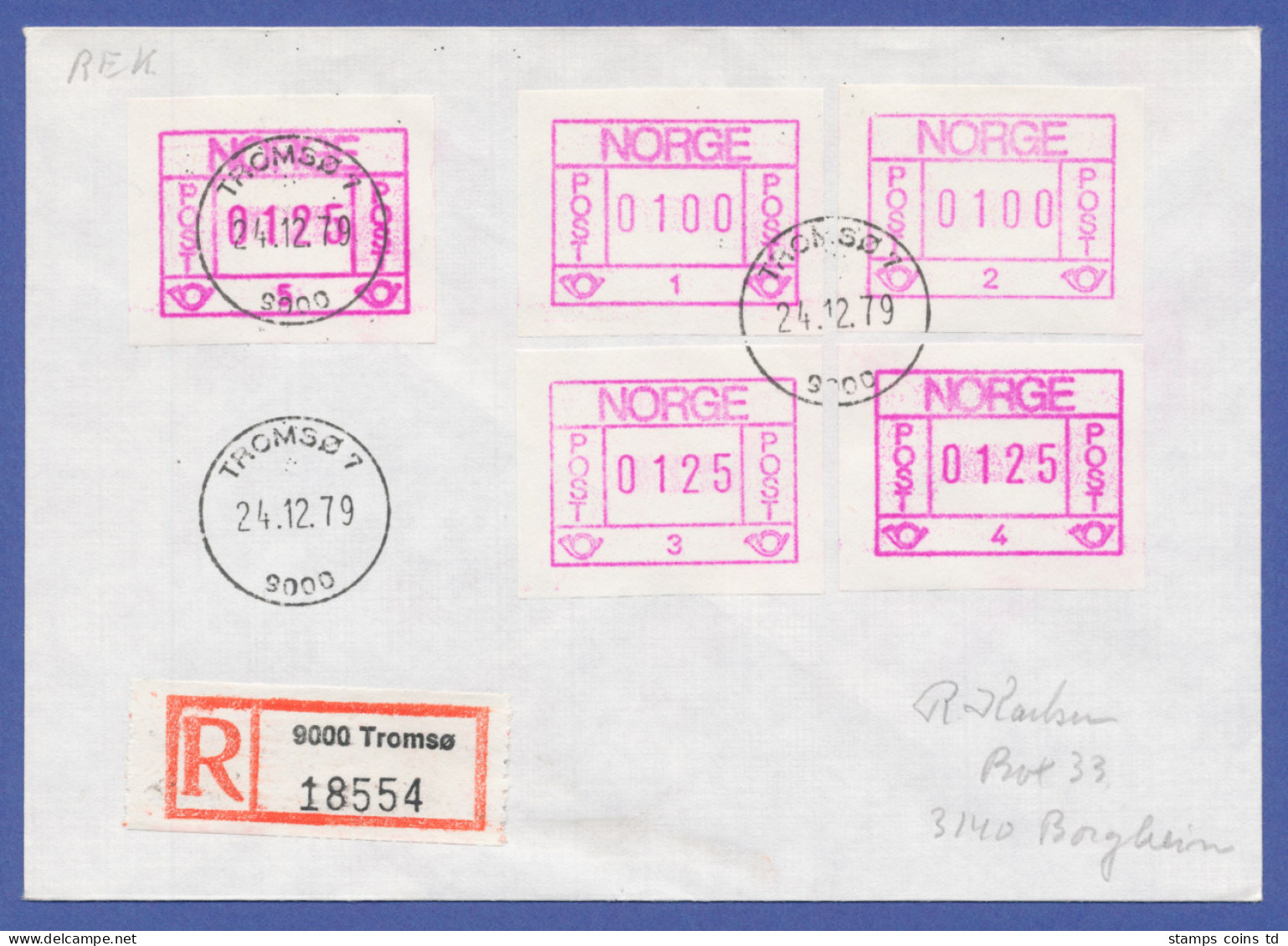 Norwegen Frama-ATM 1978, R-Brief Mit 5 ATM Aller Aut.-Nr. 1-5, O Tromsö - Machine Labels [ATM]