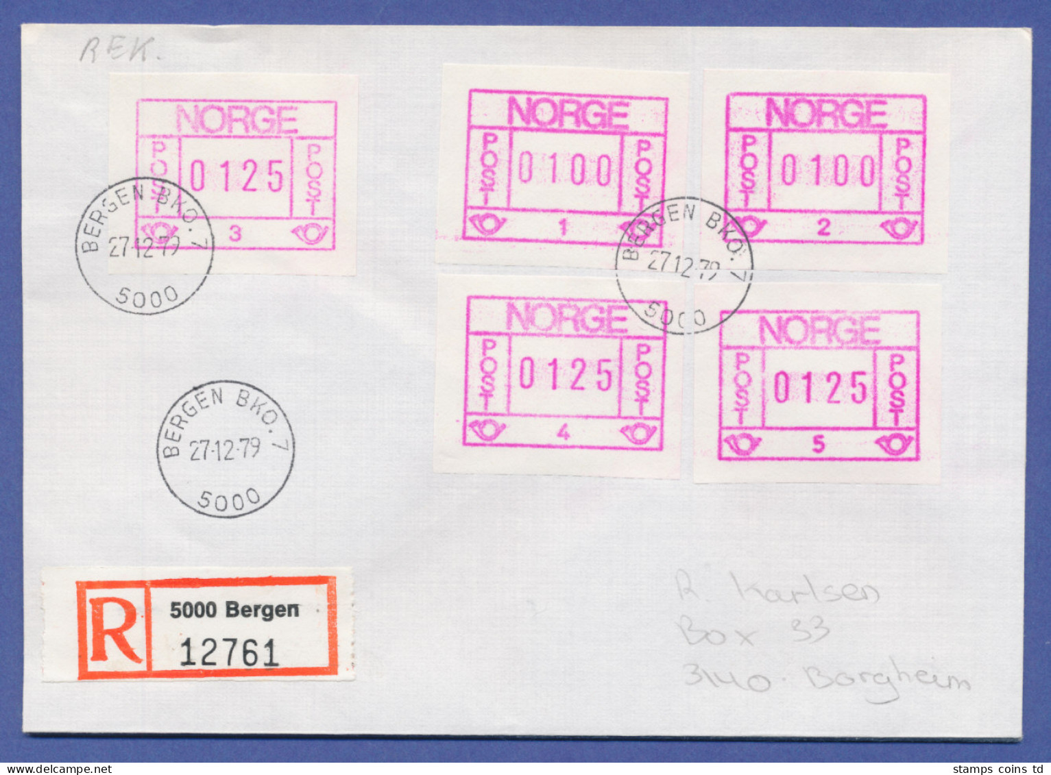 Norwegen Frama-ATM 1978, R-Brief Mit 5 ATM Aller Aut.-Nr. 1-5, O Bergen - Viñetas De Franqueo [ATM]