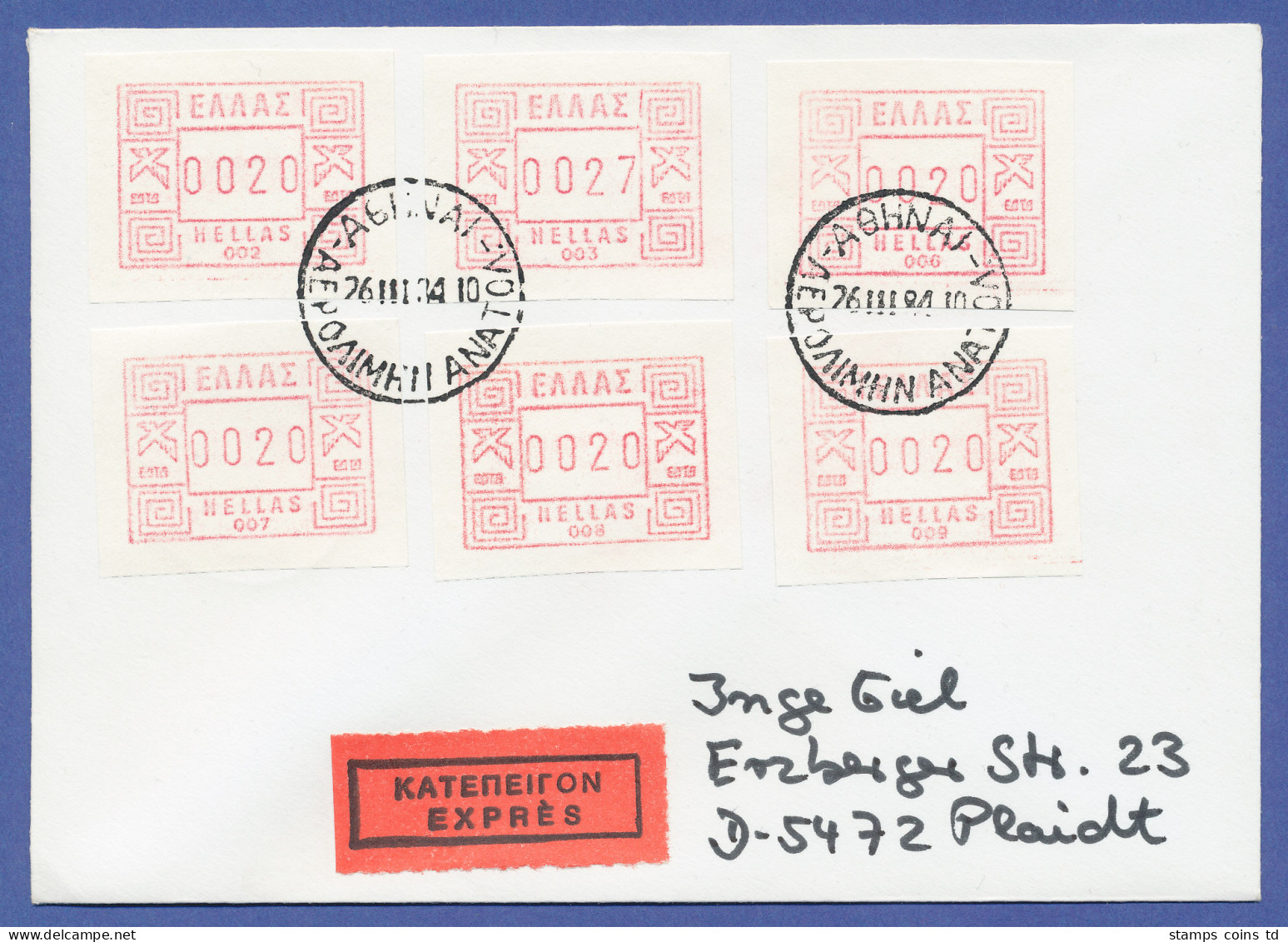 Griechenland Frama-ATM 1984, FDC Mit 6 ATM Aut.-Nr. 002,003,006,007,008 Und 009 - Vignette [ATM]