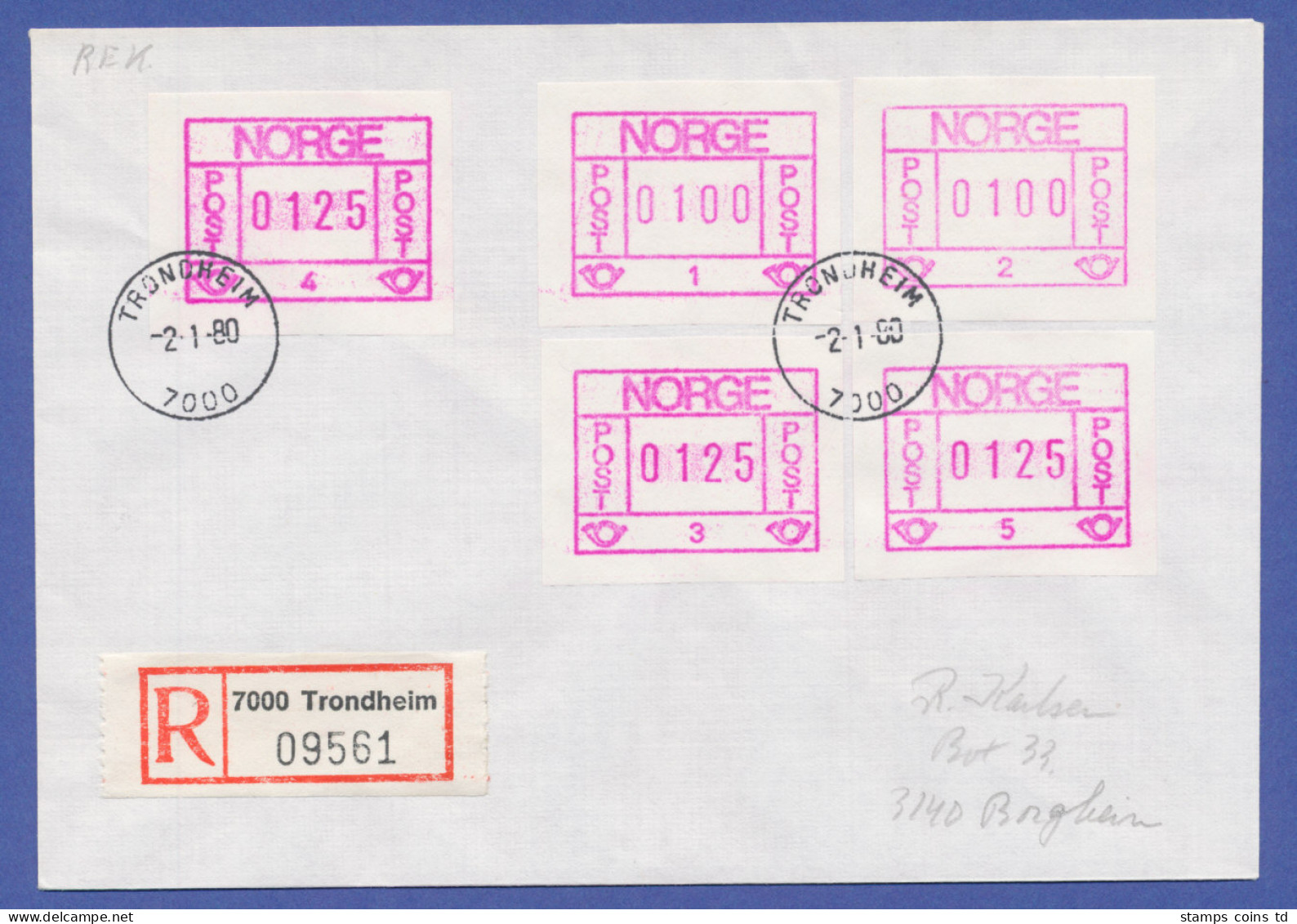 Norwegen Frama-ATM 1978, R-Brief Mit 5 ATM Aller Aut.-Nr. 1-5, O Trondheim - Automatenmarken [ATM]