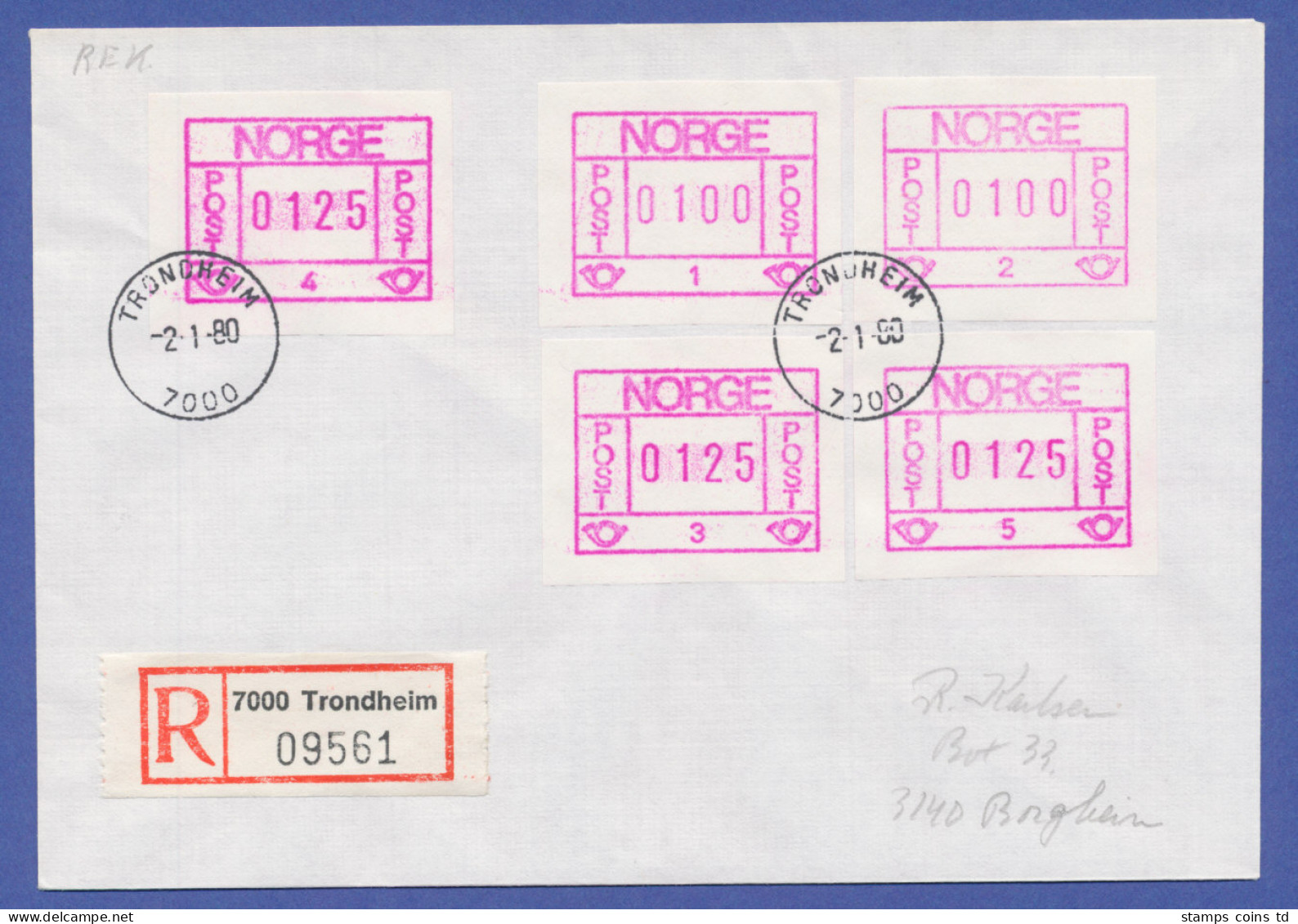 Norwegen Frama-ATM 1978, R-Brief Mit 5 ATM Aller Aut.-Nr. 1-5, O Trondheim - Timbres De Distributeurs [ATM]