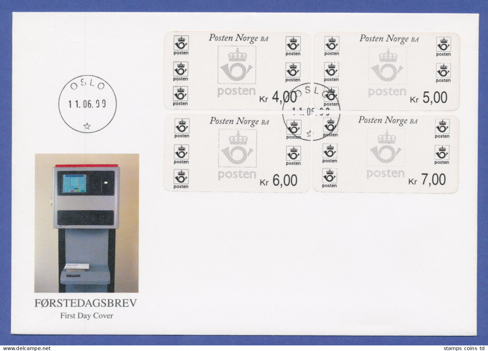Norwegen ATM-ähnliche Briefmarken Mit Fester Wertangabe. 4 Werte Auf FDC 11.6.99 - Automaatzegels [ATM]