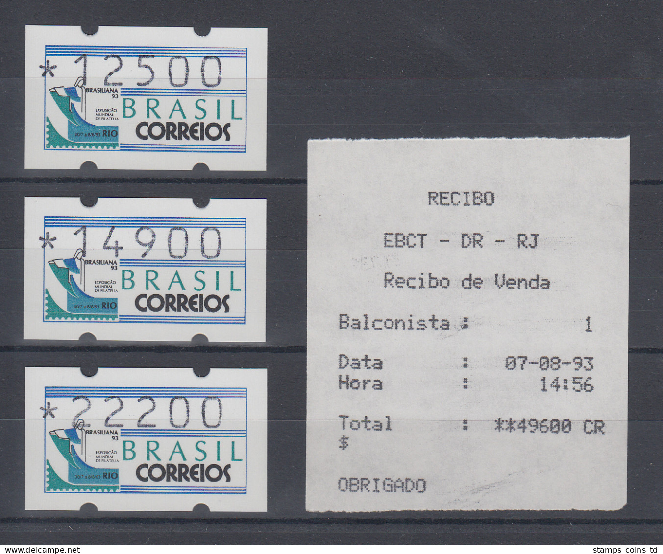 Brasilien ATM BRASILIANA'93, Mi.-Nr. 5,Satz 12500-14900-22200 ** AQ Balconista 1 - Automatenmarken (Frama)