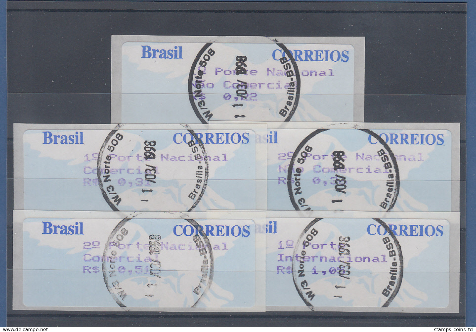 Brasilien ATM Taube, Mi.-Nr. 7, 3-stelliger Werteindruck, Satz 5 Werte Orts-O - Franking Labels