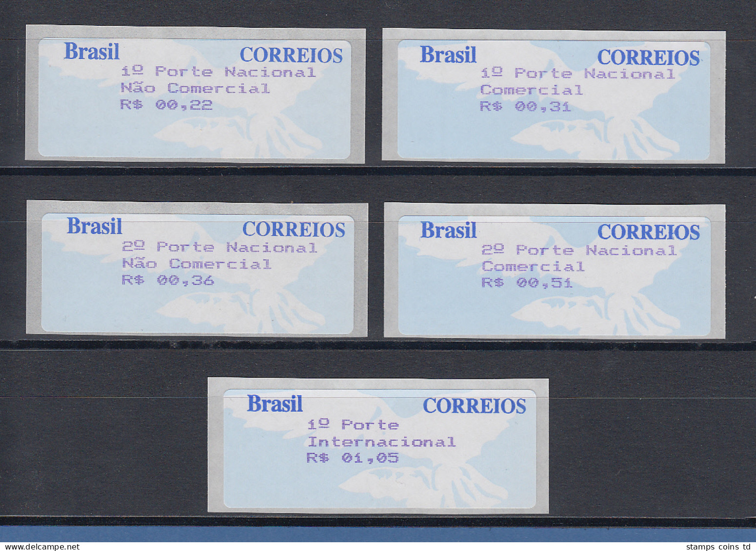 Brasilien ATM Taube, Mi.-Nr. 7, 4-stelliger Werteindruck, Satz 5 Werte **   RR ! - Affrancature Meccaniche/Frama