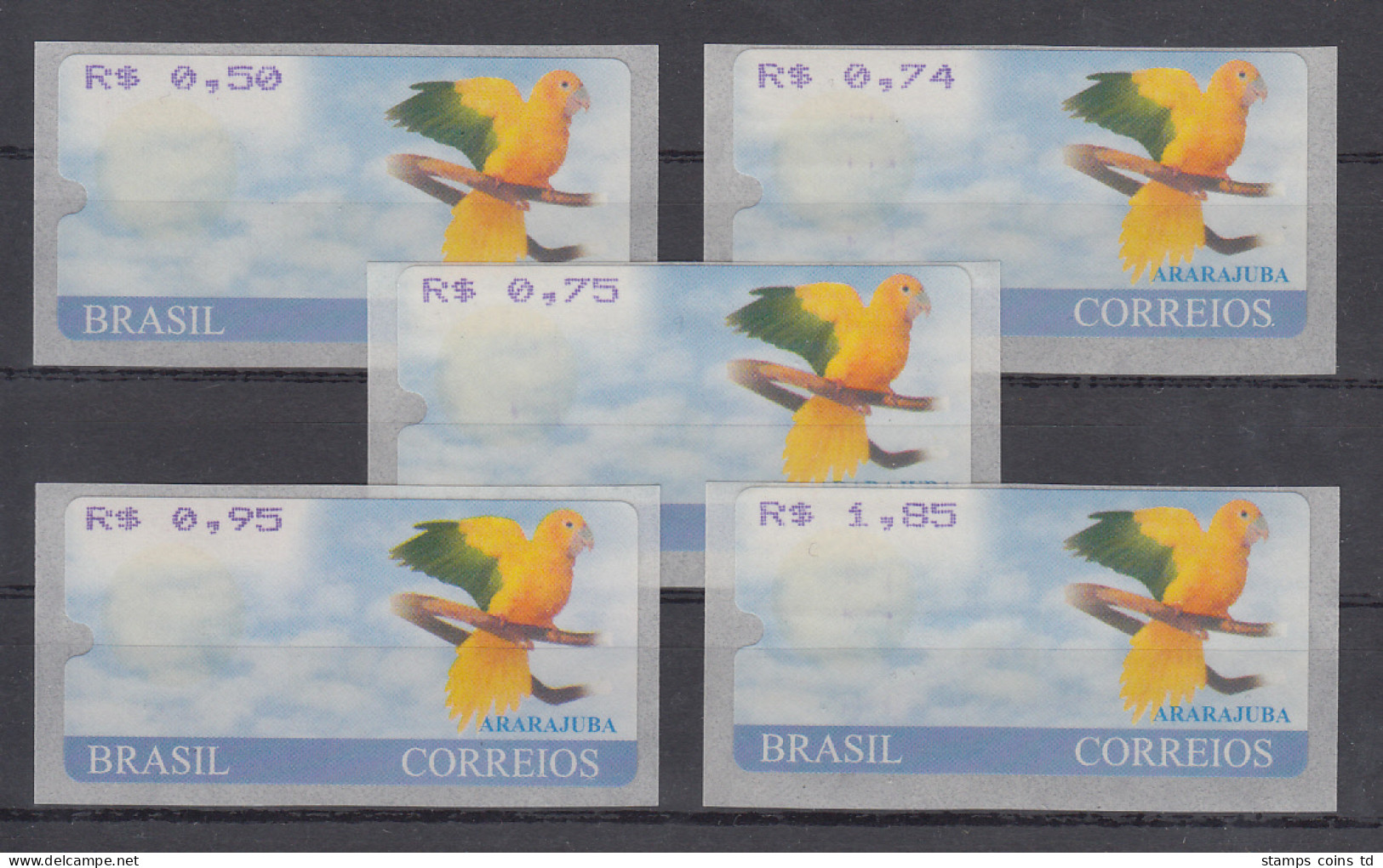 Brasilien ATM Ararajuba, Mi.-Nr. 8, Satz 5 Werte 50-74-75-95-185 ** - Franking Labels