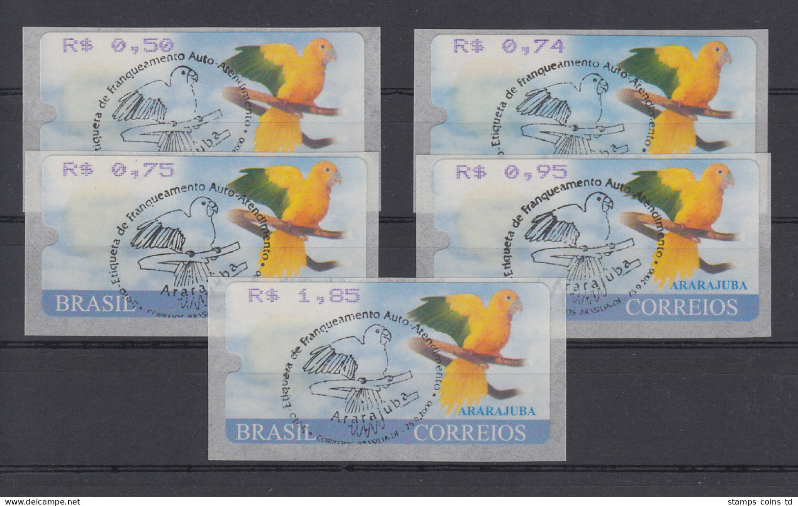 Brasilien ATM Ararajuba, Mi.-Nr. 8, Satz 5 Werte 50-74-75-95-185 ET-O - Frankeervignetten (Frama)
