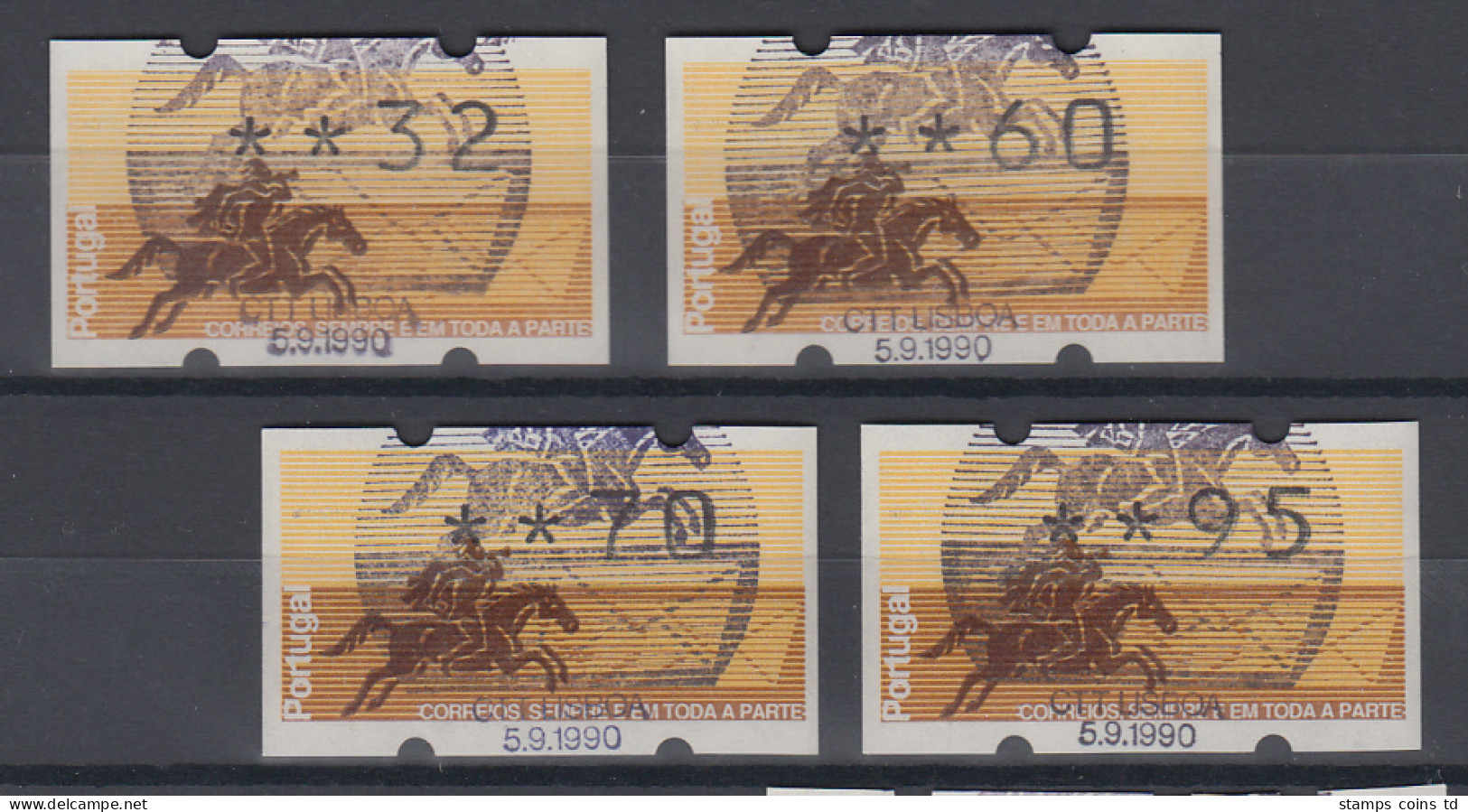Portugal Klüssendorf ATM Postreiter Satz 32-60-70-95 Mit ET-O 5.9.1990 - Vignette [ATM]