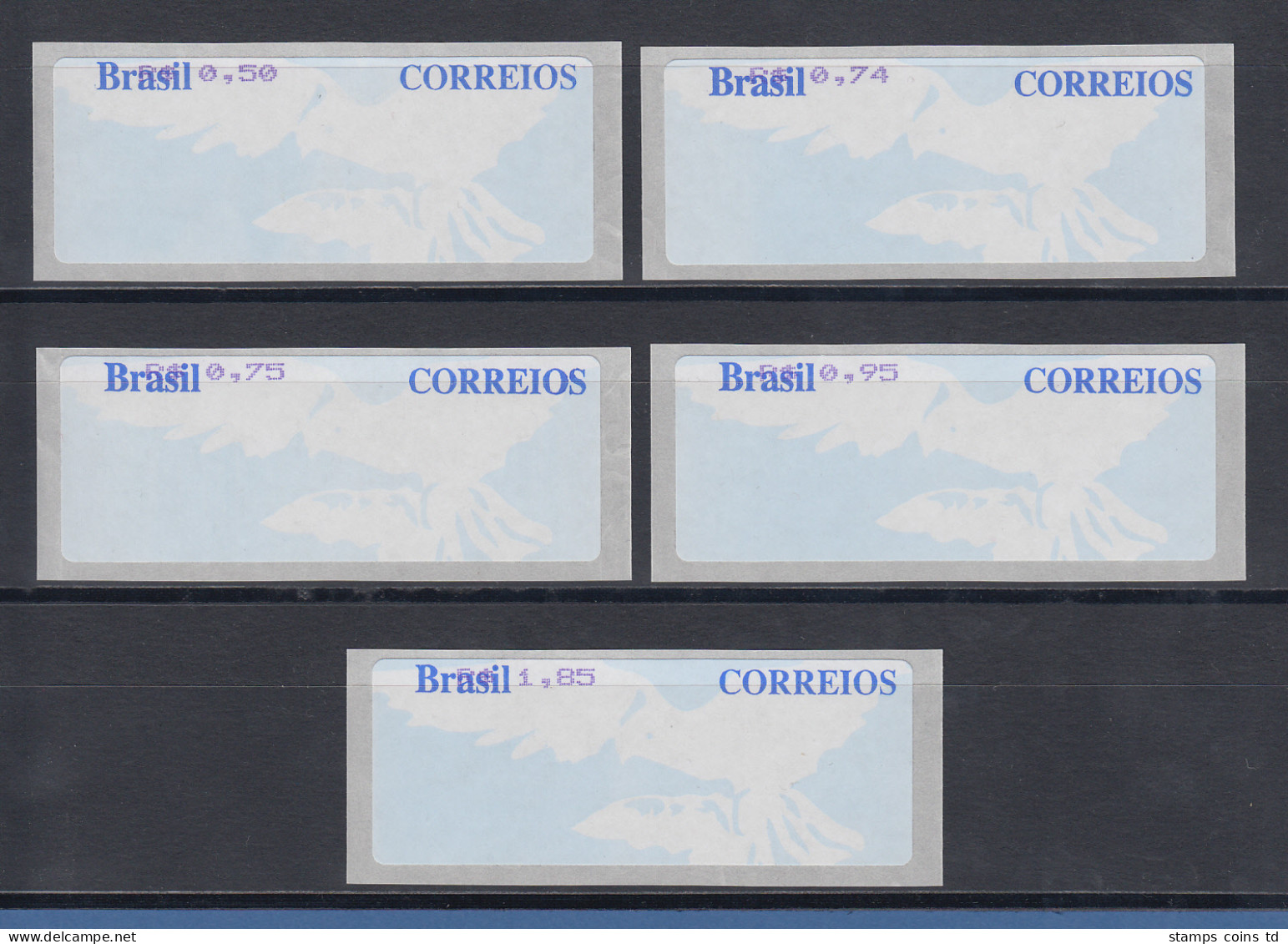 Brasilien ATM Taube, Werteindruck Oben, Satz 5 Werte 50-74-75-95-185 ** - Franking Labels