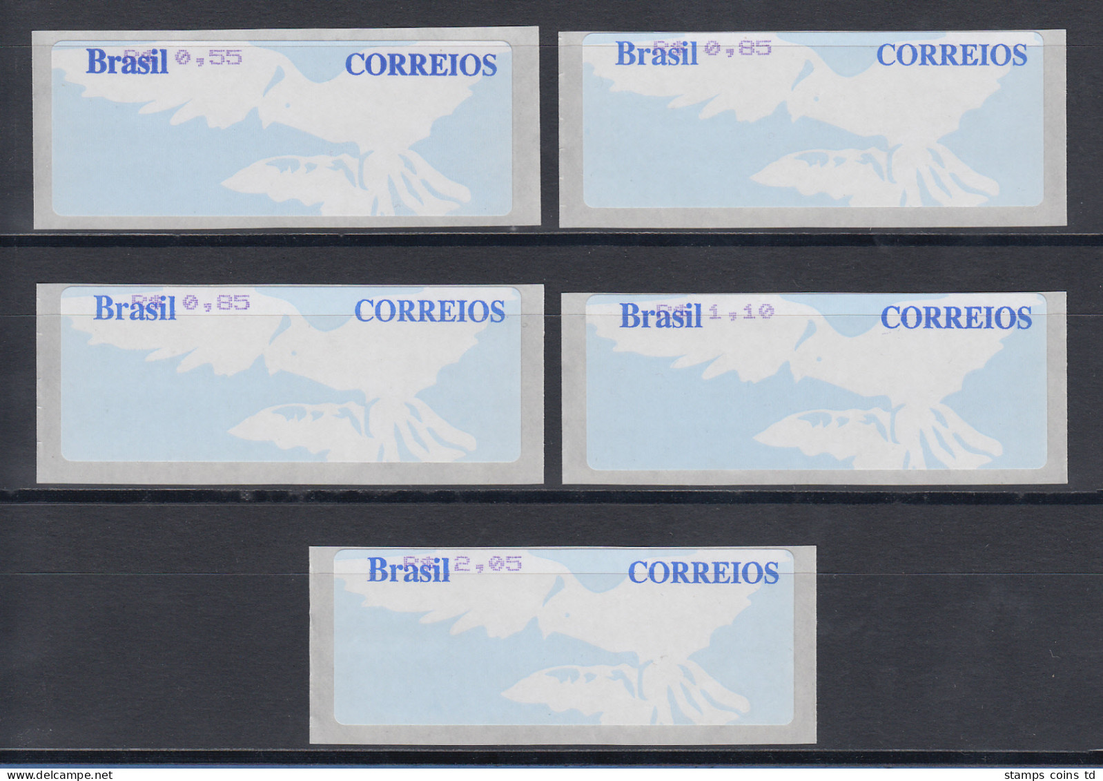 Brasilien ATM Taube, Werteindruck Oben, Satz 5 Werte 55-85-85-110-205 ** - Affrancature Meccaniche/Frama