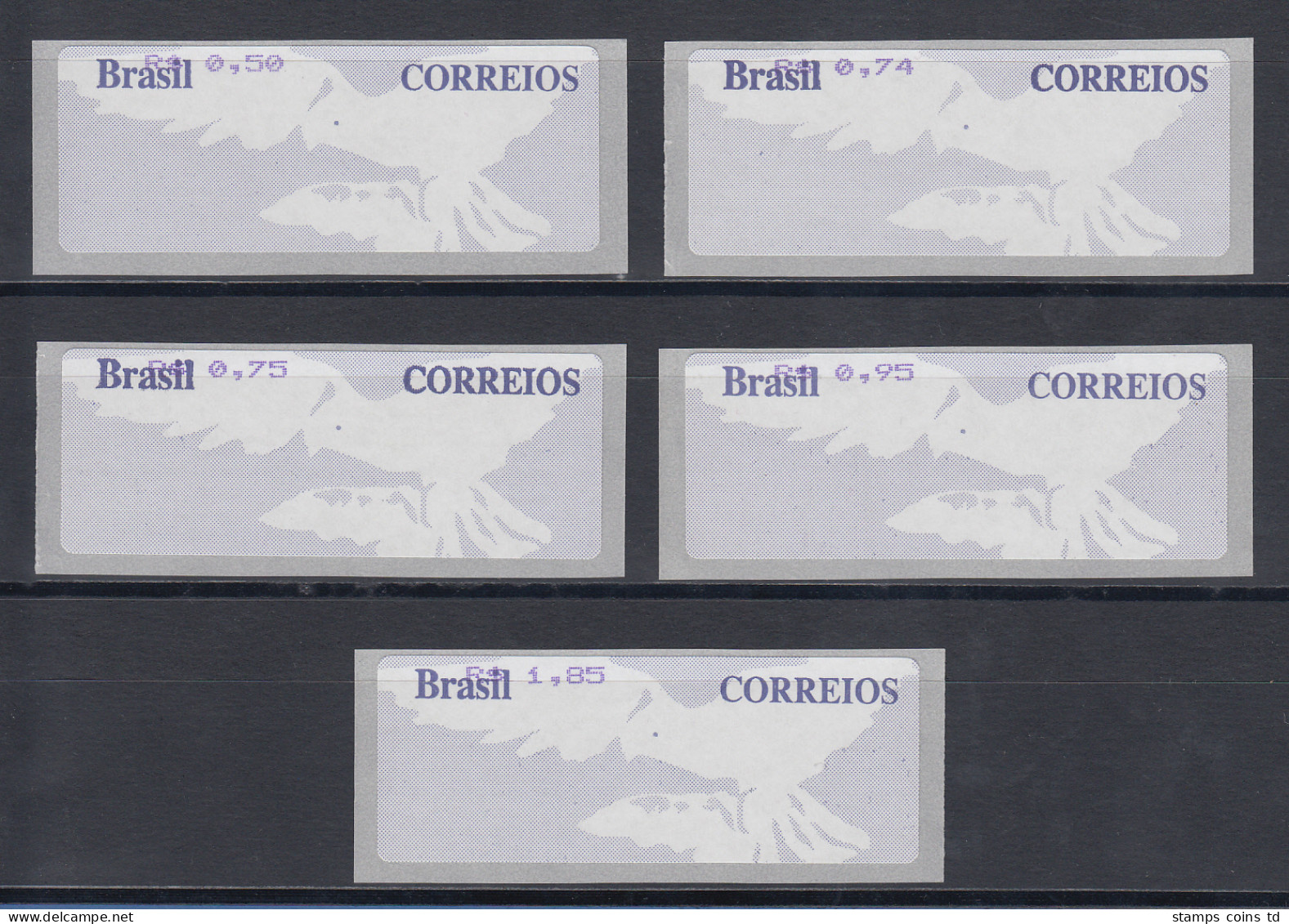 Brasilien ATM Taube Grau, Werteindruck Oben, Satz 5 Werte 50-74-75-95-185 ** - Franking Labels