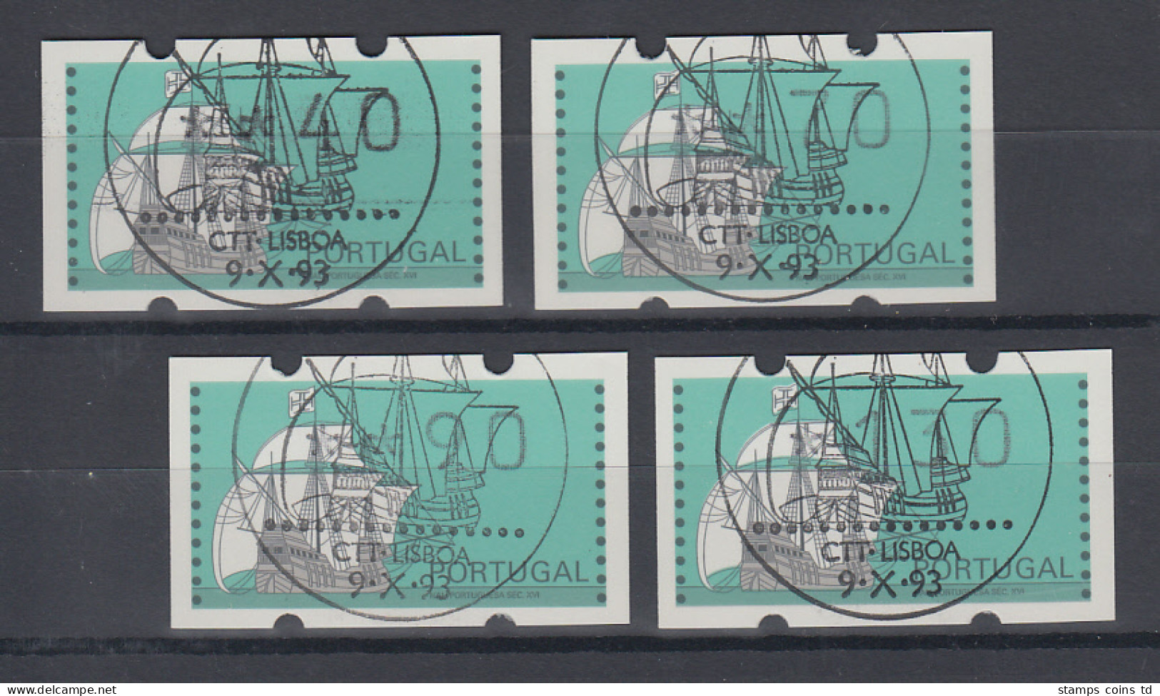 Portugal Klüssendorf ATM Segelschiff Nau Satz 40-70-90-130 Mit ET-Sonderstempel - Timbres De Distributeurs [ATM]