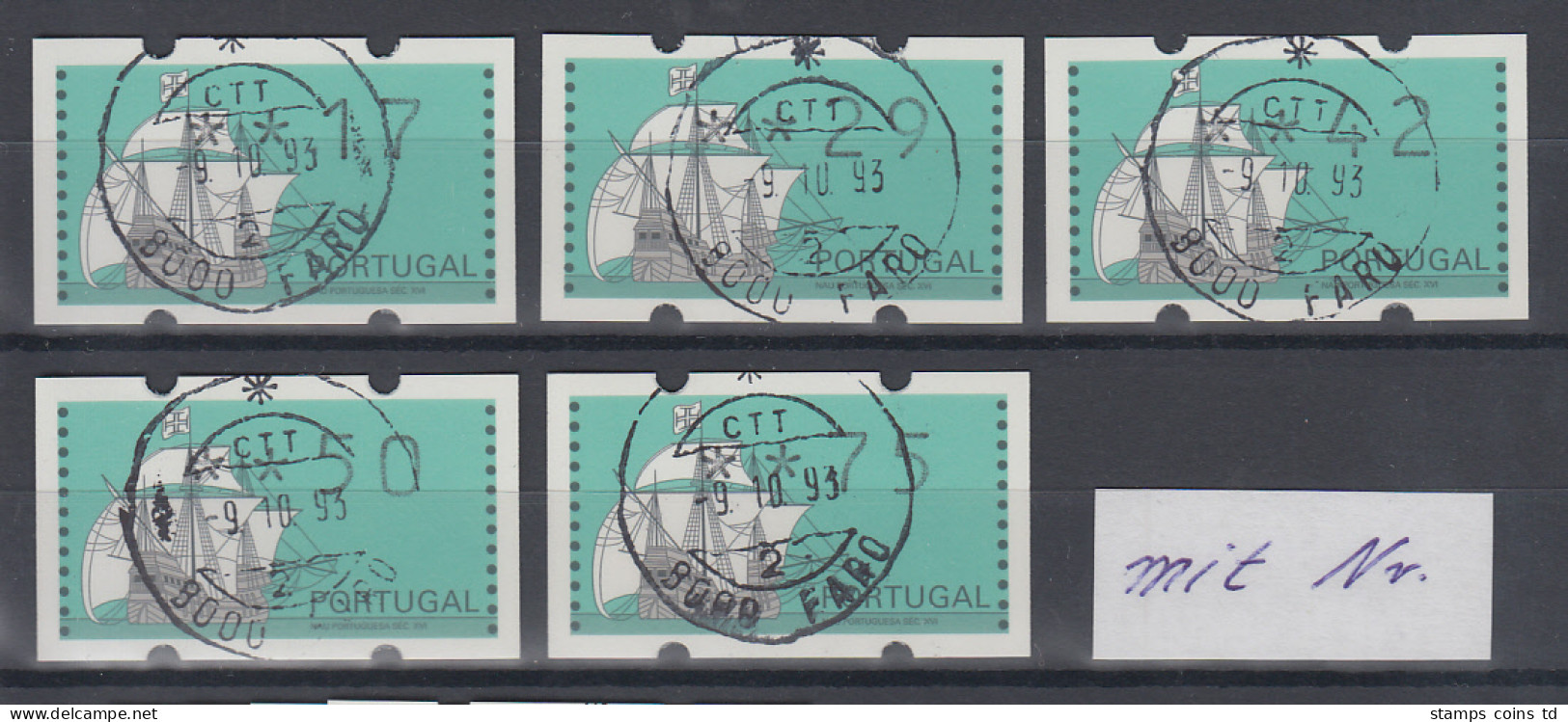 Portugal Klüssendorf ATM Segelschiff Nau Satz 17-29-42-50-75 ET-O Mit Zählnummer - Machine Labels [ATM]