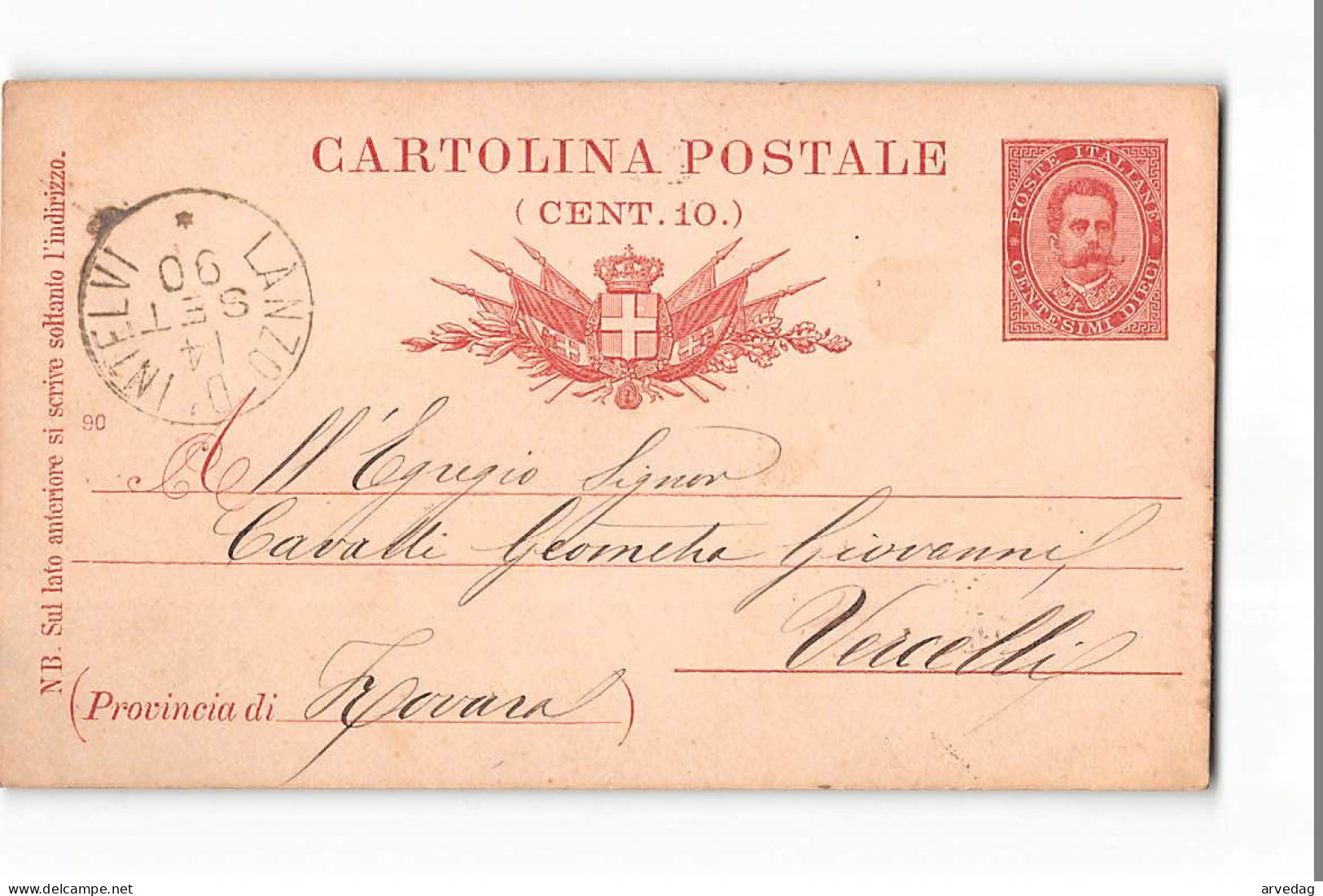 16269 01  CARTOLINA POSTALE LANZO D'INTELVI X VERCELLI 1890 - Interi Postali