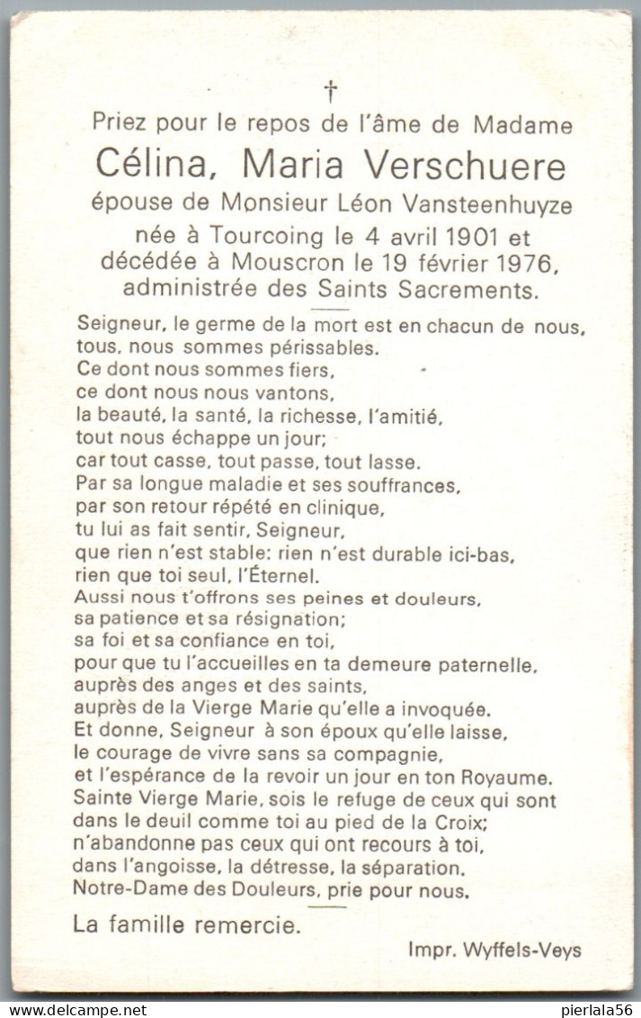 Bidprentje Tourcoing (Fra) - Verschuere Célina Maria (1901-1976) - Images Religieuses