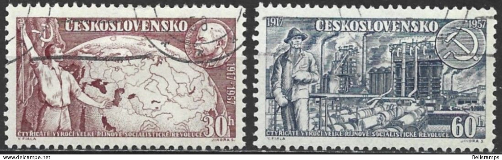 Czechoslovakia 1957. Scott #827-8 (U) Russian Revolution, 40th Anniversay  (Complete Set) - Oblitérés