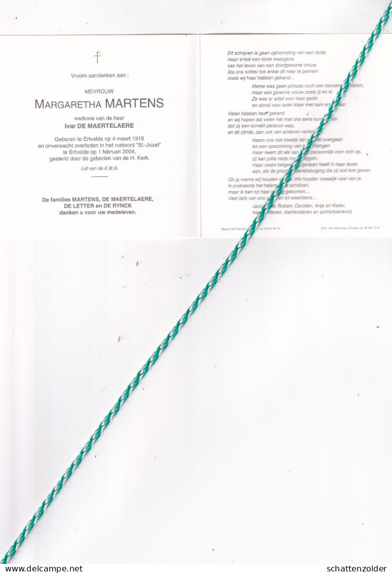 Margaretha Martens-De Maertelaere, Ertvelde 1915, 2004. Foto - Avvisi Di Necrologio