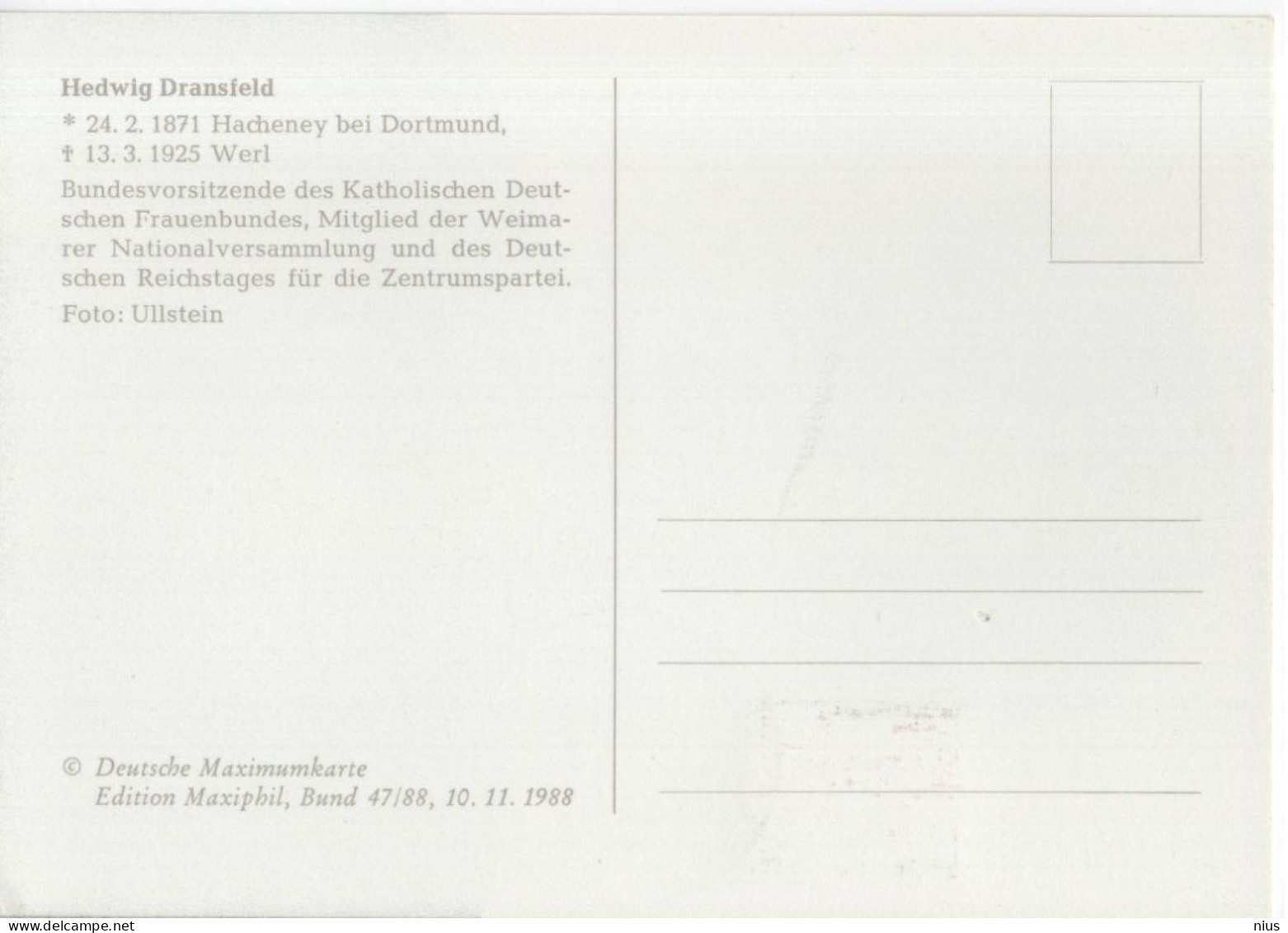 Germany Deutschland 1988 Maximum Card, Hedwig Dransfeld, German Catholic Feminist, Writer And Member Of Parliament, Bonn - 1981-2000