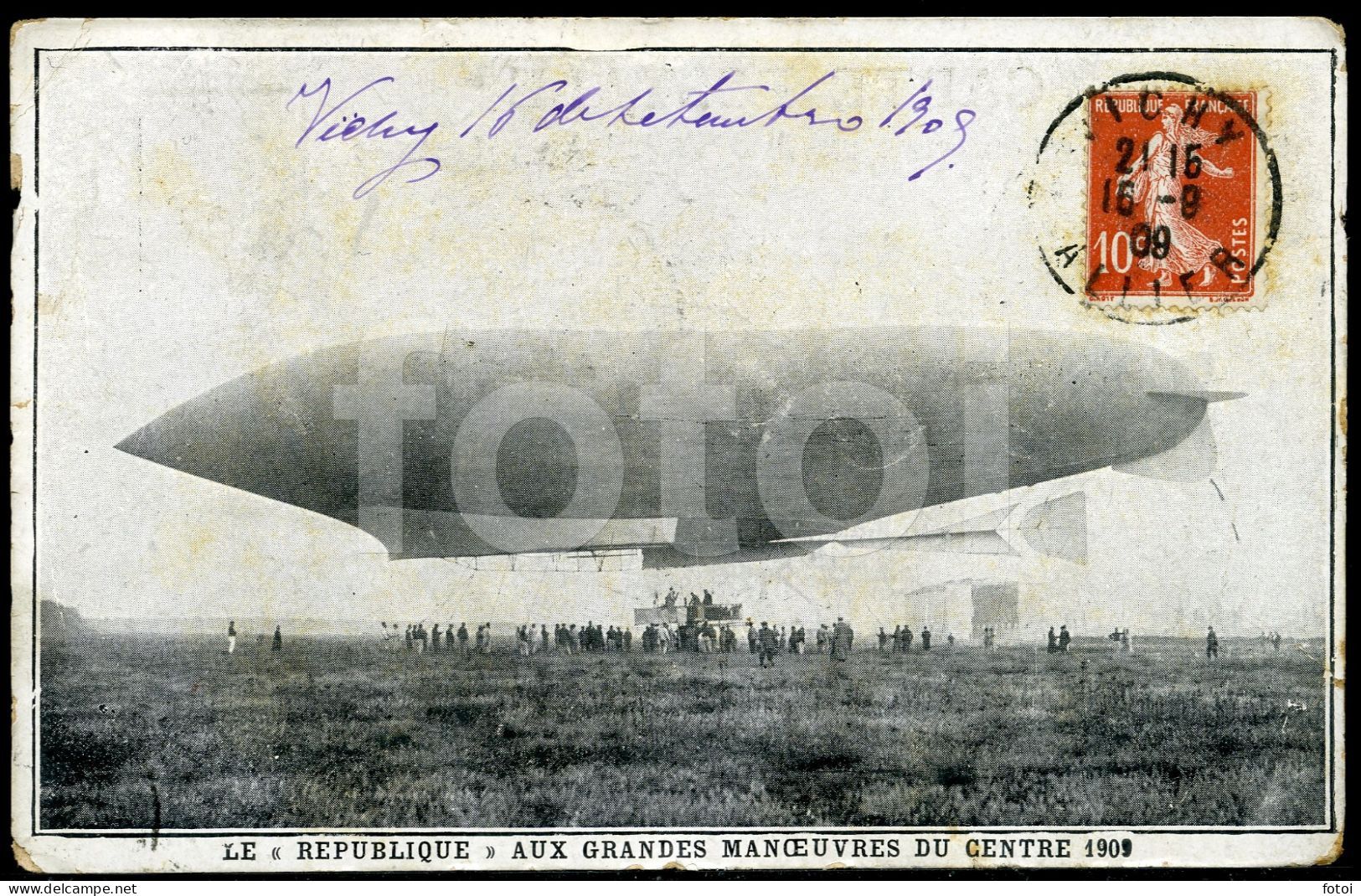 1909 POSTCARD BALLON LE REPUBLIQUE BALLOON AUX GRANDES MANOUVRES FRANCE STAMPED - Montgolfières