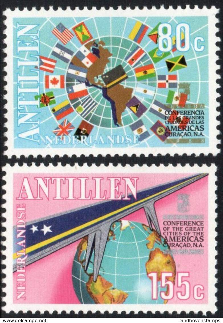 Dutch Antilles 1988 Large American Cities Conference 2 Val MNH Nederlandse Antillen Flags, Map, Bridge - Fábricas Y Industrias