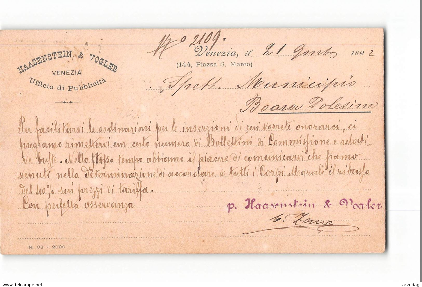 16331 01 VENEZIA HAASENSTEIN VOGLER UFFICIO DI PUBBLICITA' 1892 X BOARA POLESINE - Poststempel