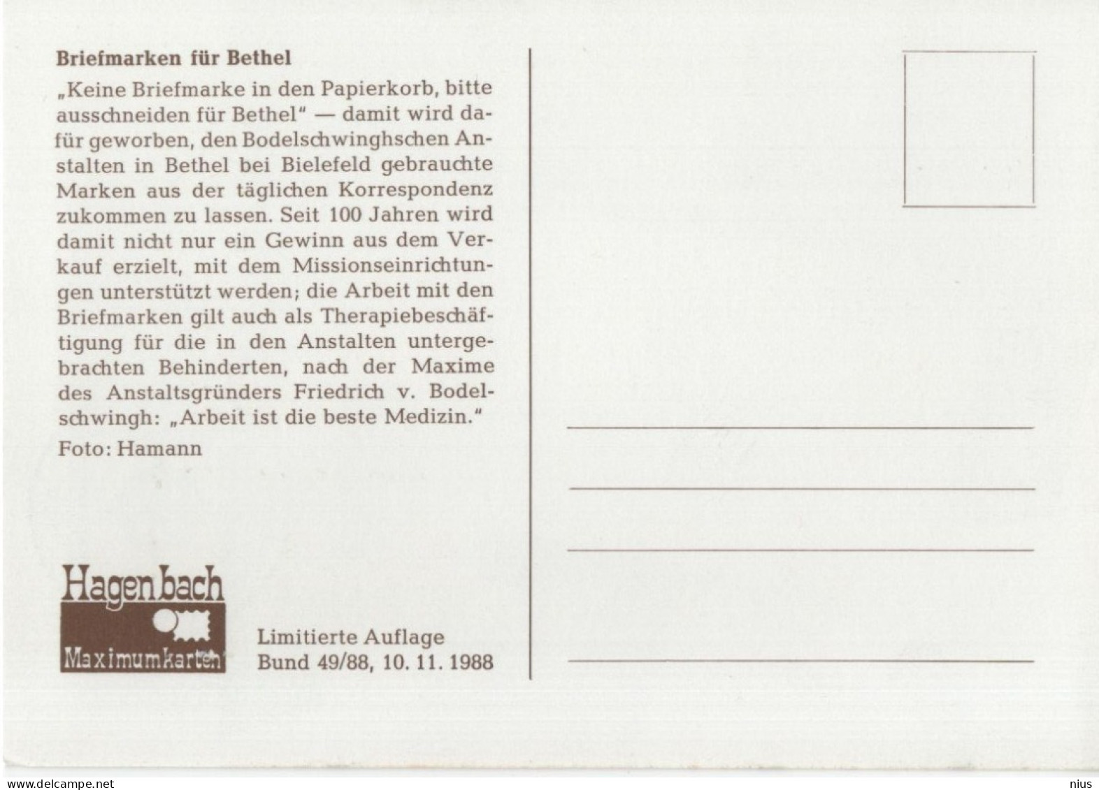 Germany Deutschland 1988 Maximum Card, 100 Jahre Briefmarken Fur Bethel, Canceled In Bonn - 1981-2000