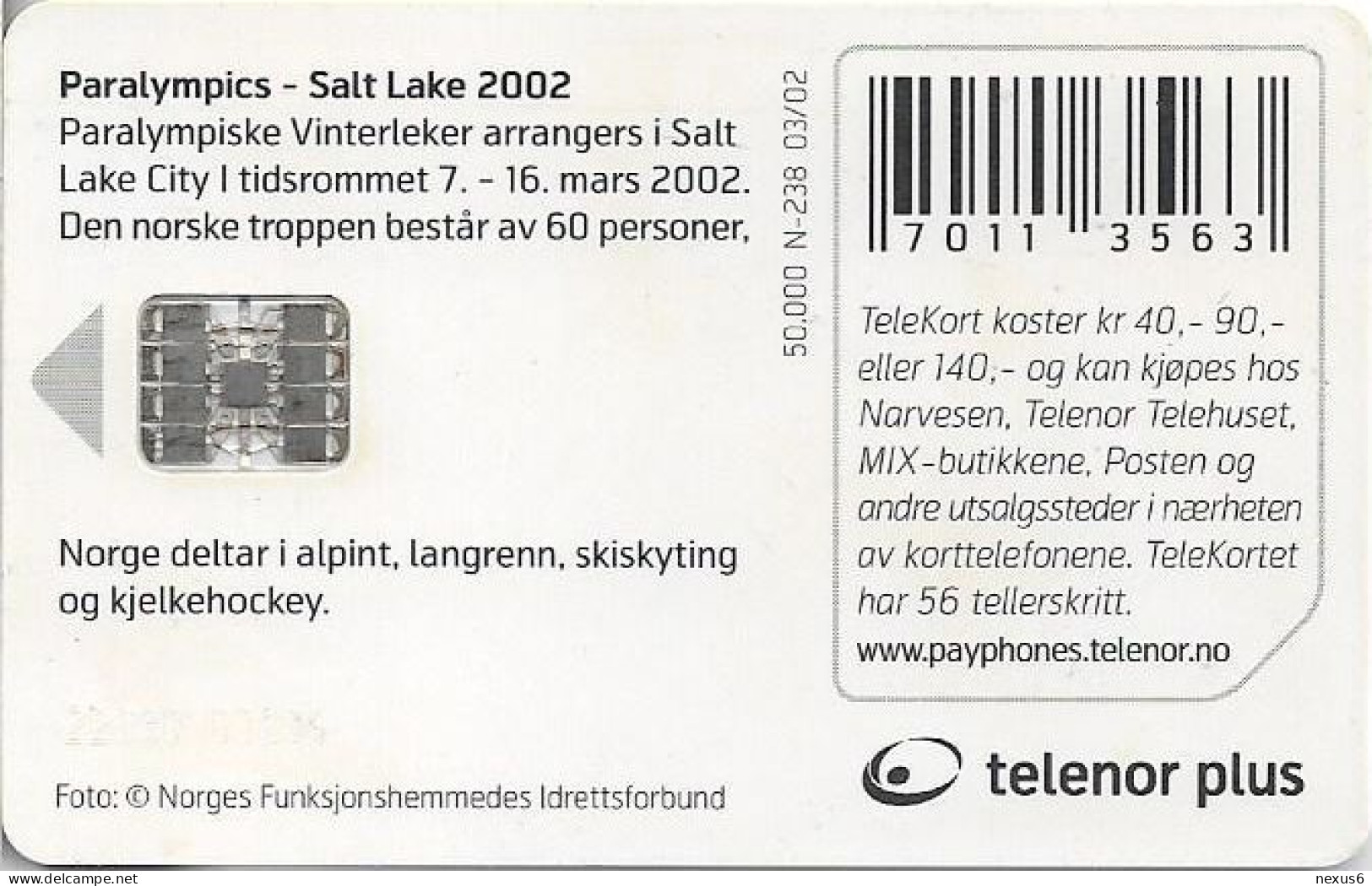 Norway - Telenor - Alpint Snow Ski - N-238 (Cn. 23030 001D6), SC7, 03.2002, 20.000ex, Used - Norway