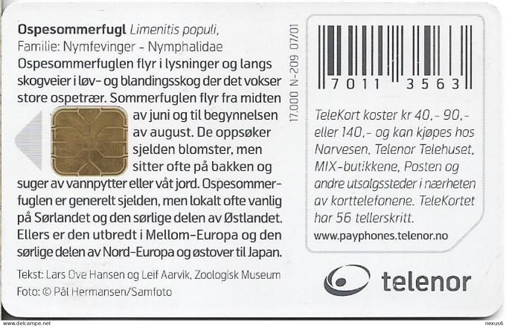 Norway - Telenor - Butterfly - Ospesommerfugl - N-209 - 07.2001, 17.000ex, Used - Noorwegen