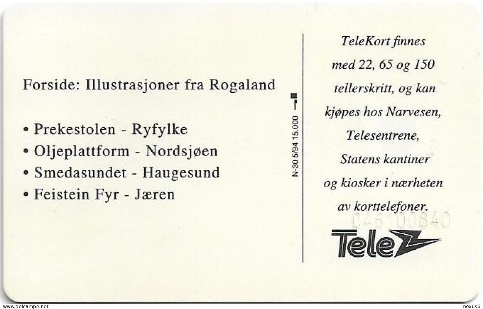 Norway - Telenor - Rogaland - N-30a - Cn. C46100840, SC5, 05.1994, 9.800ex, Used - Norway