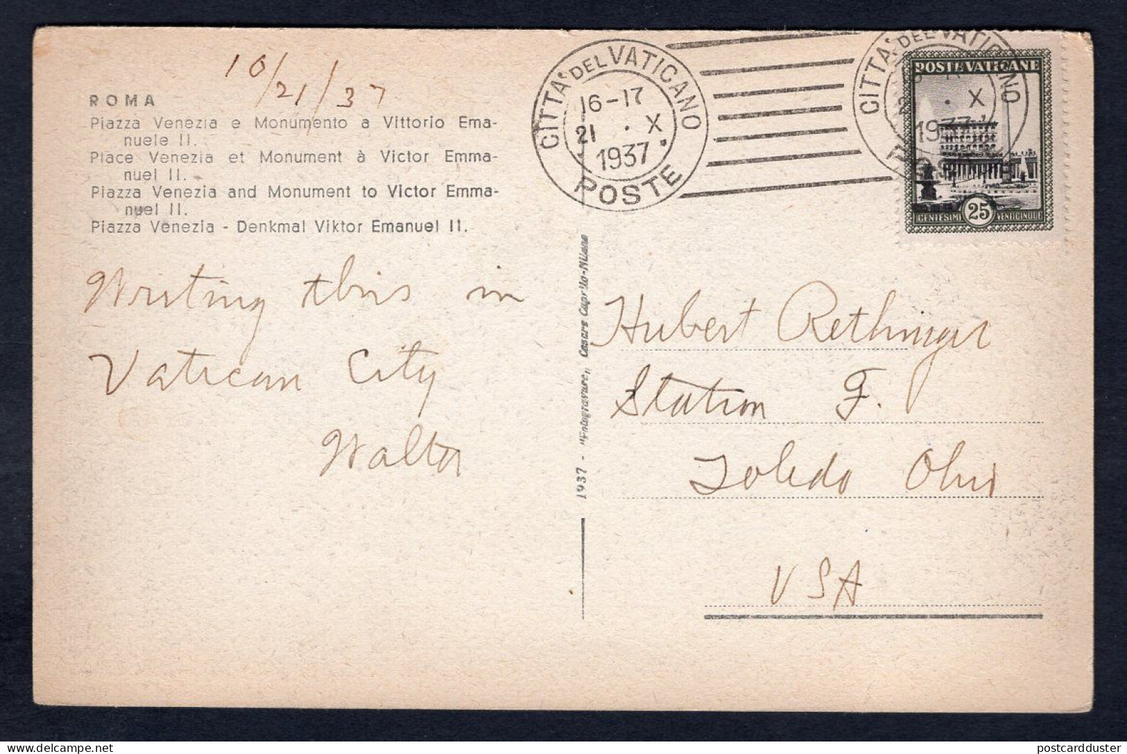 VATICAN 1937 Postcard To USA (p1903) - Briefe U. Dokumente