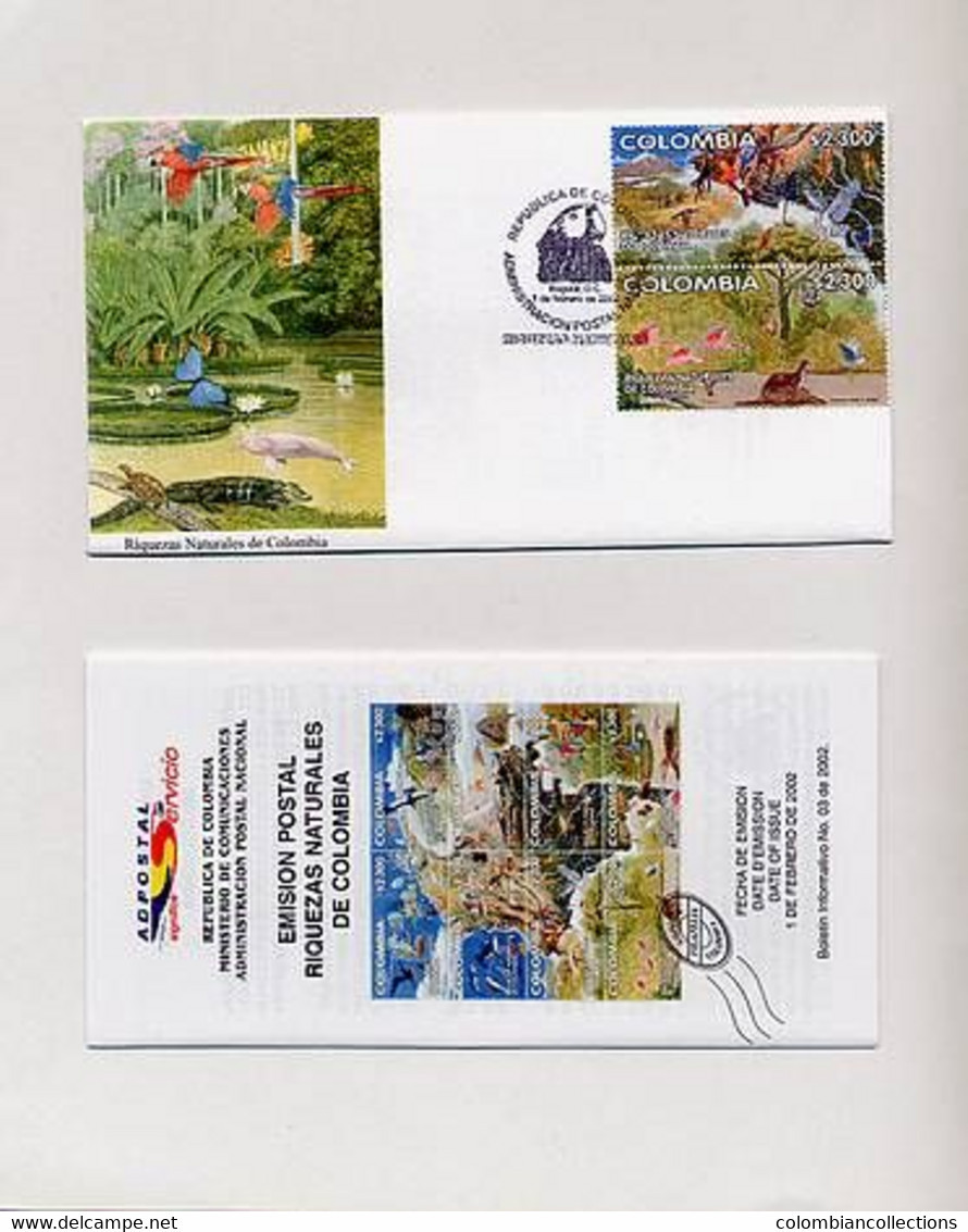 Lote 2186-9C, Colombia, 2002, Riquezas Naturales, Carpeta, Folder, Butterfly, Bird, Turtles, Fish, Bear, Fdc May Vary - Colombie