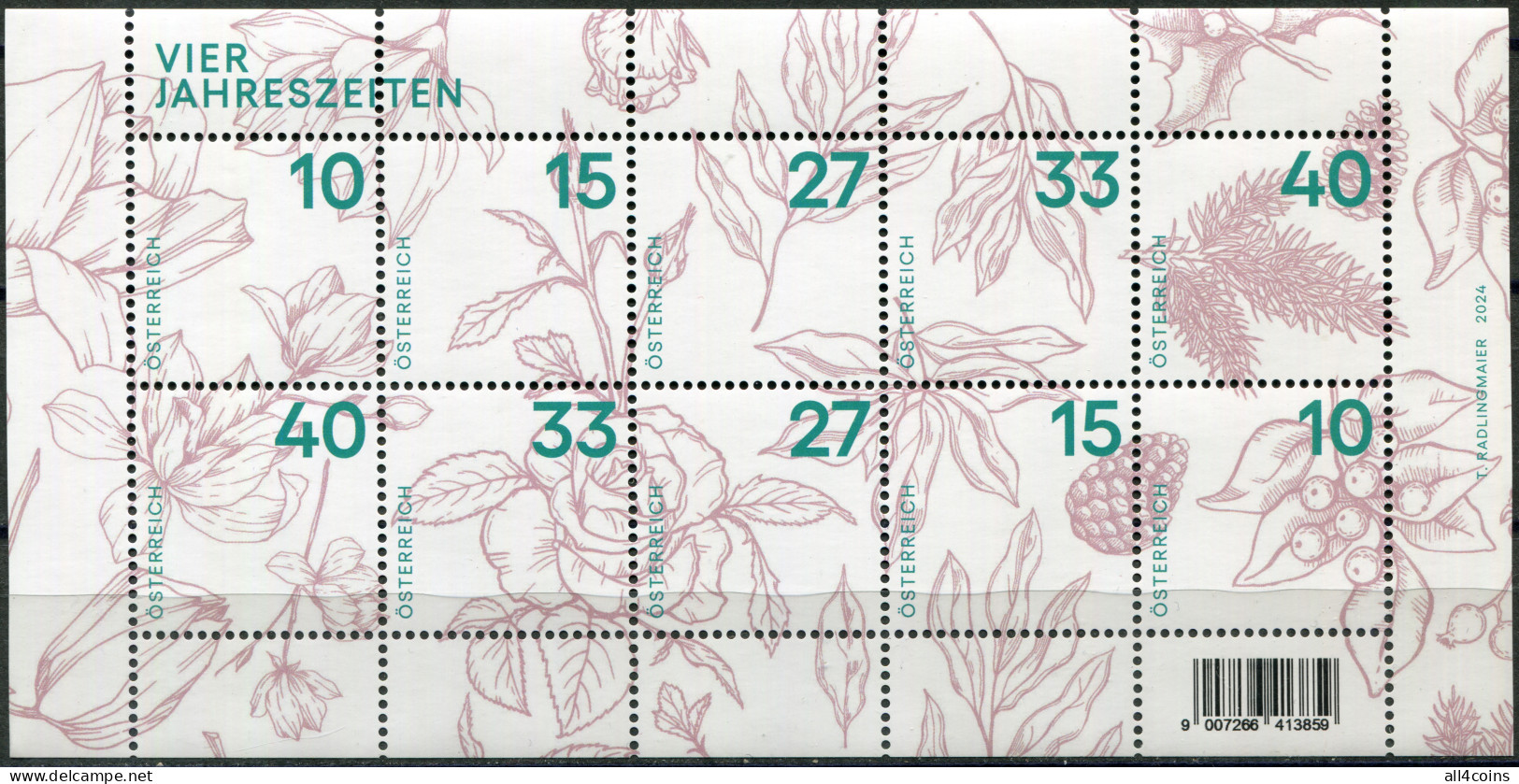 Austria 2024. Four Seasons: Plants Make-Up Rate Stamps (MNH OG) Souvenir Sheet - Ungebraucht