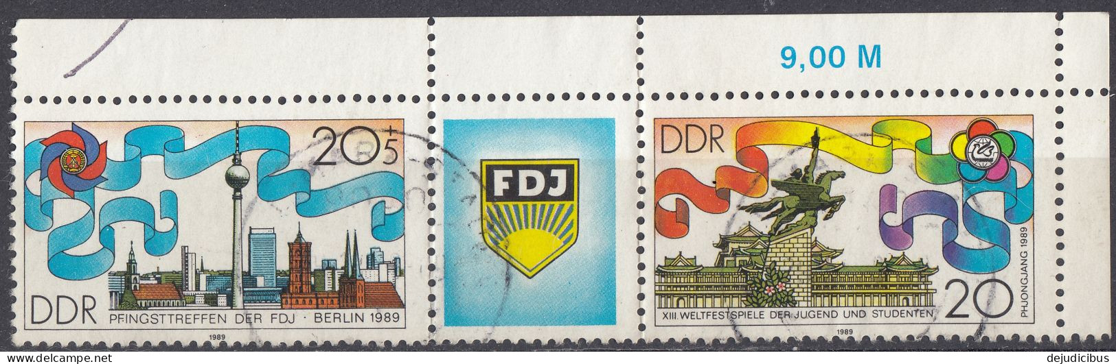 DDR - 1989 - Serie Completa Usata Di 2 Valori In Trittico Con Vignetta: Yvert 2858A, In Angolo Di Foglio. - Used Stamps