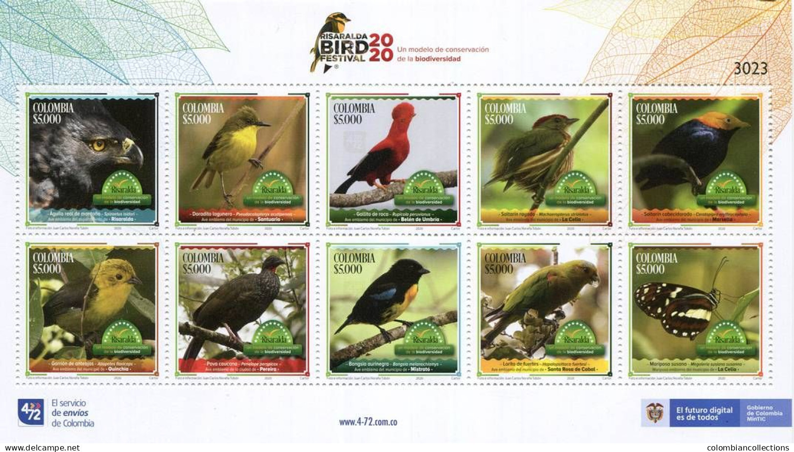 Lote 2020-4P, Colombia, 2020, Pliego, Sheet, Risaralda Bird Festival, Aves, Butterfly, Bird - Kolumbien